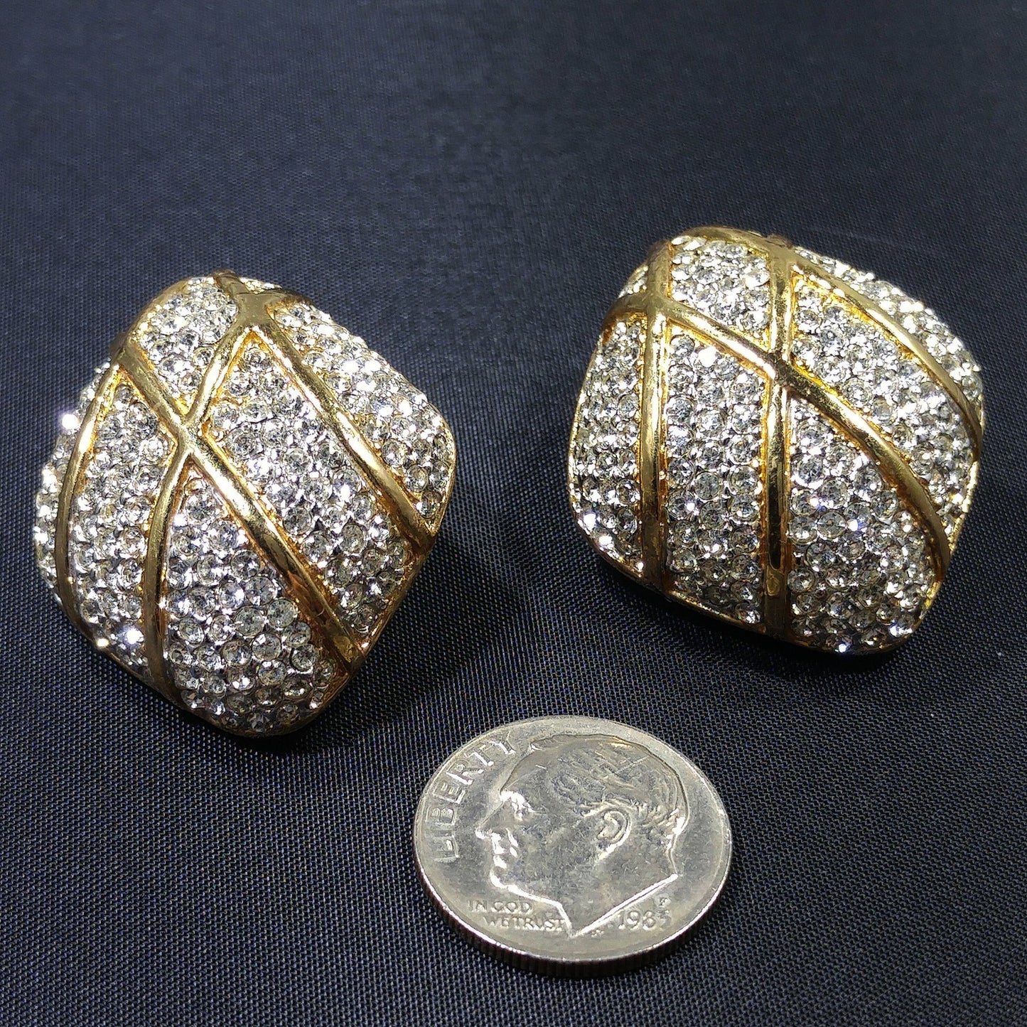 Vintage CINER Pave Rhinestone Clip Earrings, Gold Plated