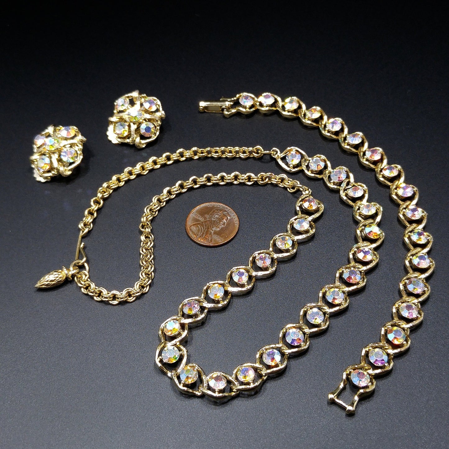 Aurora Borealis Rhinestone Necklace Bracelet & Earrings, Gold Plated, 1960s Vintage Jewelry