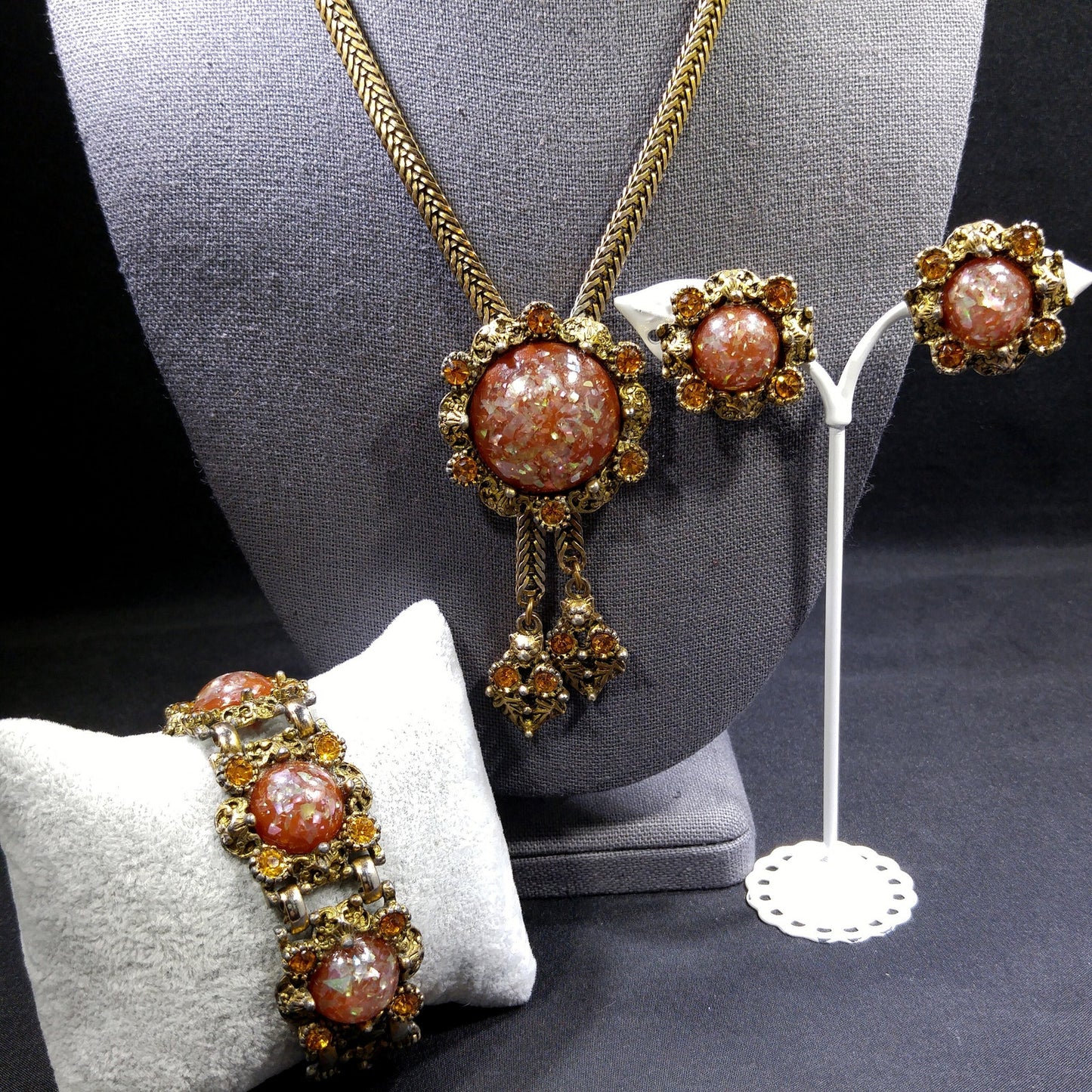 Glitter Lucite Light Topaz Rhinestones Jewelry Set, Necklace Bracelet Clip Earrings, 1950s Vintage Jewelry