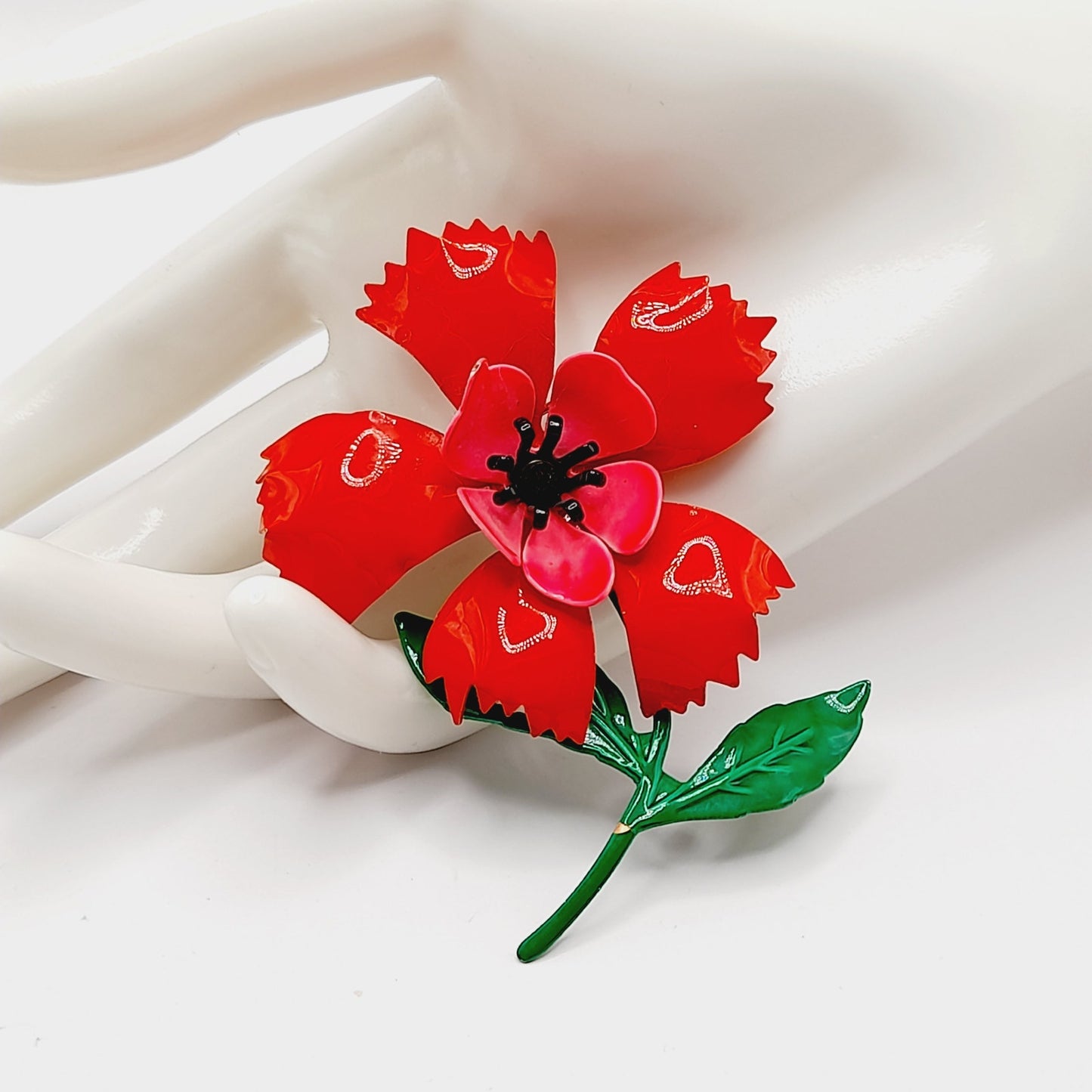 Vintage 1960s Red Green Enamel Flower Brooch