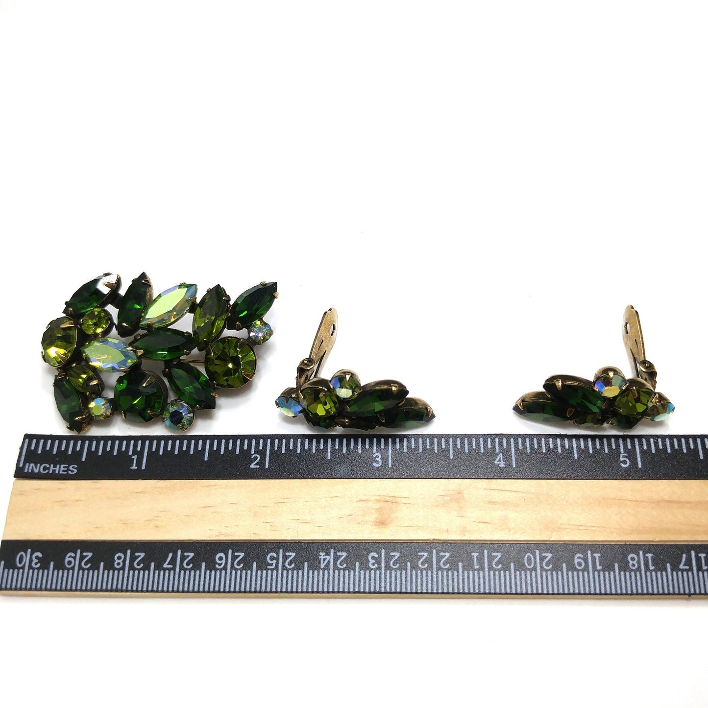 Green Crystal Rhinestone Brooch & Earrings, Aurora Borealis, 1960s Vintage Jewelry