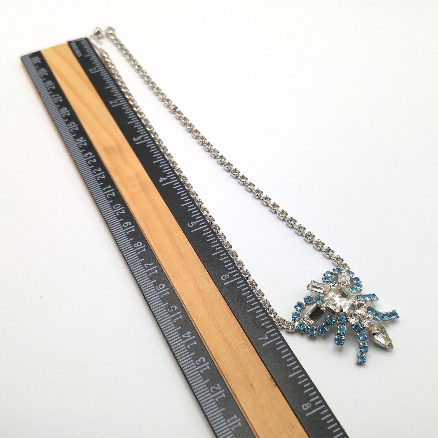 Mid-Century Turquoise Blue Clear Rhinestone Choker Necklace, Rhodium Plated, 1960s Vintage Jewelry