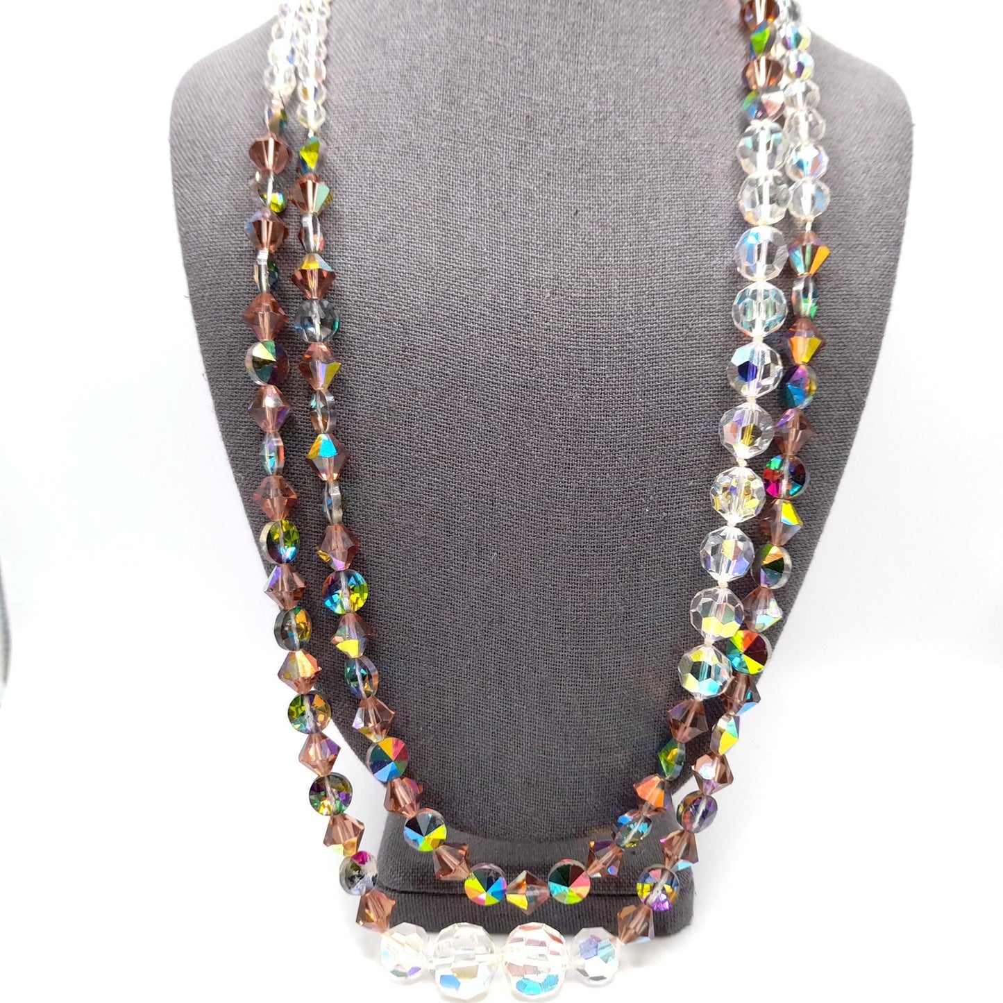 Vintage Crystal Bead Long Necklace, Asymmetrical Clear AB Topaz Crystals, 26"