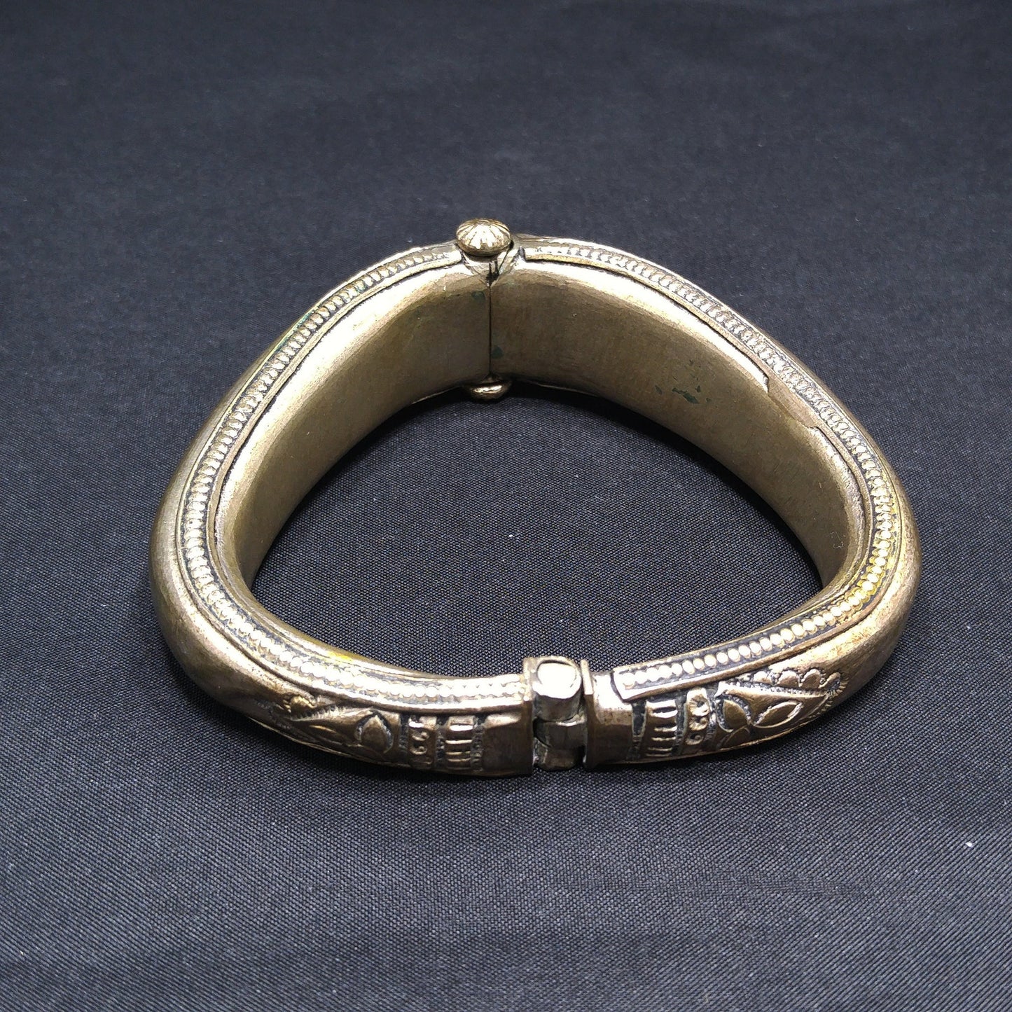 Tribal Embossed Hinged Bracelet, Plunger or Pin Clasp, Gold Wash, 1940s Vintage Jewelry