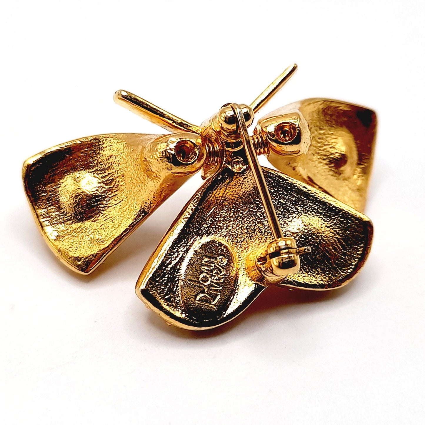 Vintage Joan Rivers Trembler Butterfly Brooch – Gold Plated Rhinestone Moth Pin – Designer Signed