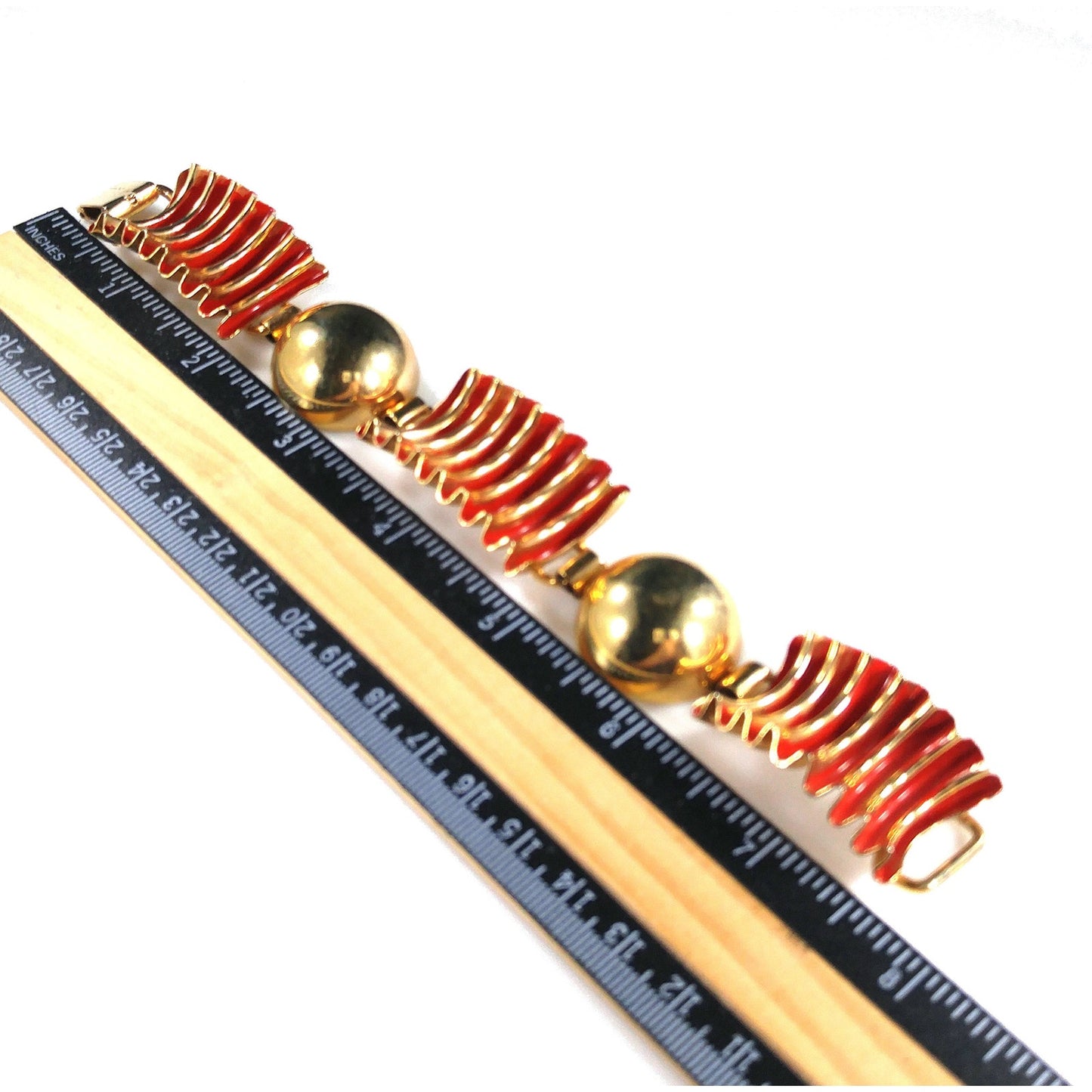 Red Enamel Ribbon Bracelet, Mid Century Modern, Gold Plated, 1950s Vintage Jewelry