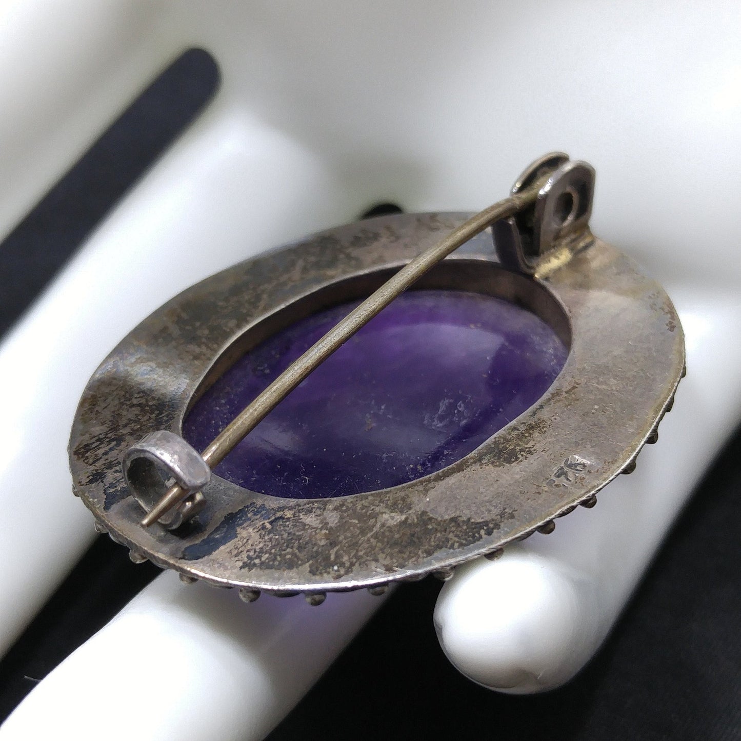 Antique Silver Purple Amethyst Brooch, Stamped 925, C Clasp, 1920s Vintage Jewelry
