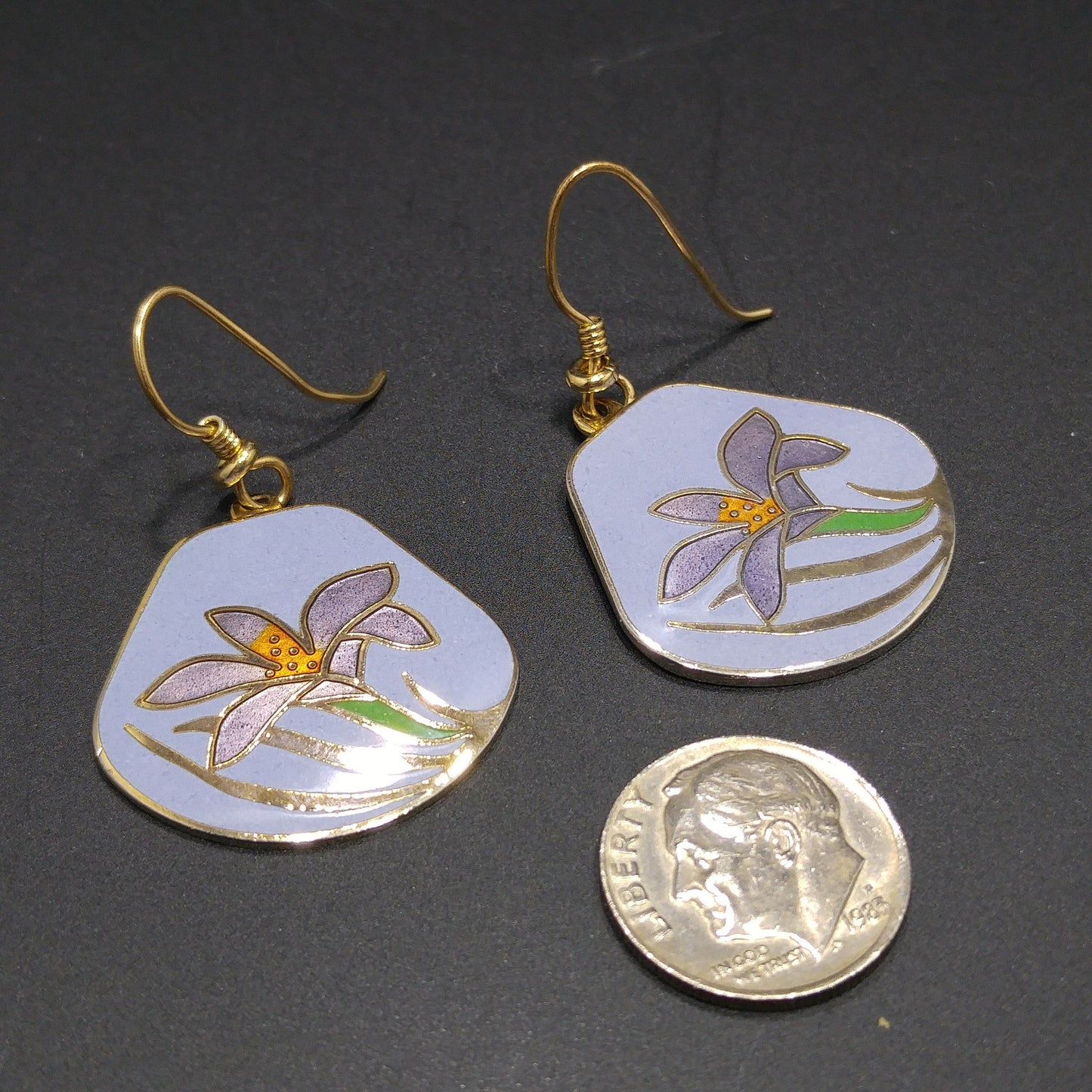 Vintage Laurel Burch Purple Lily Earrings, Cloisonne Enamel, Gold Plated