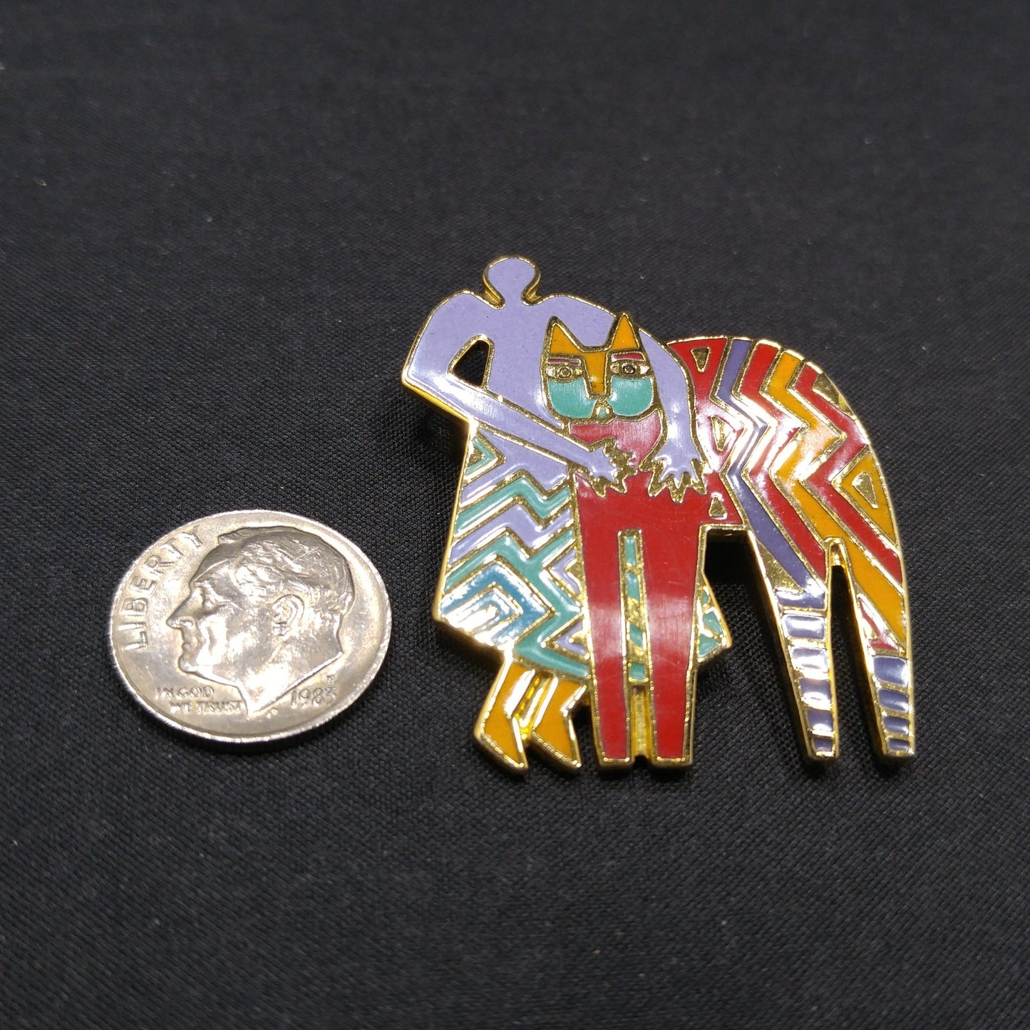 Laurel Burch Vintage "Best Friends" Brooch, Gold Plated Cloisonne Enamel, 1980s Vintage Jewelry