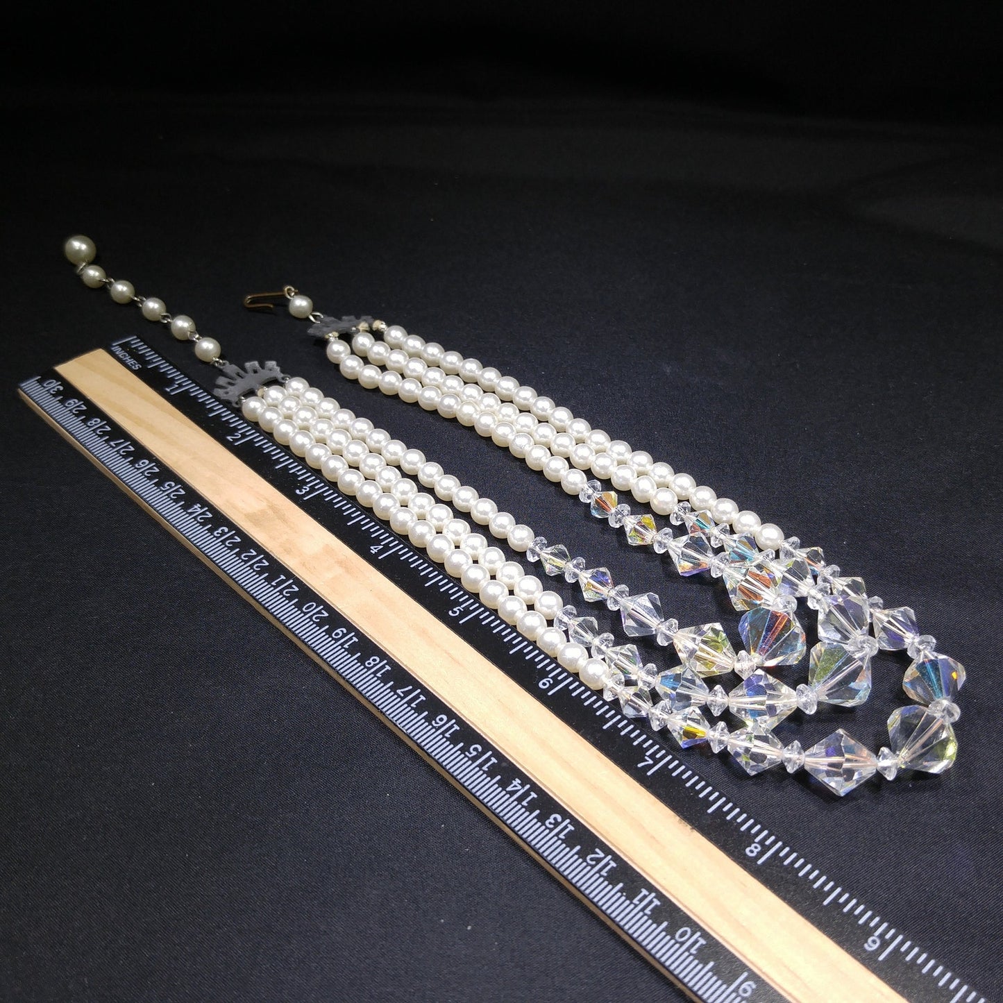 Faux Pearl AB Crystal Beaded Necklace, 3 Strands, 1950s Vintage Jewelry