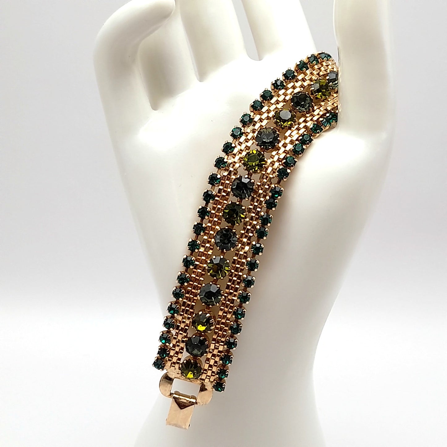 Vintage Weiss Green Rhinestone Mesh Bracelet - Elegant Glamour