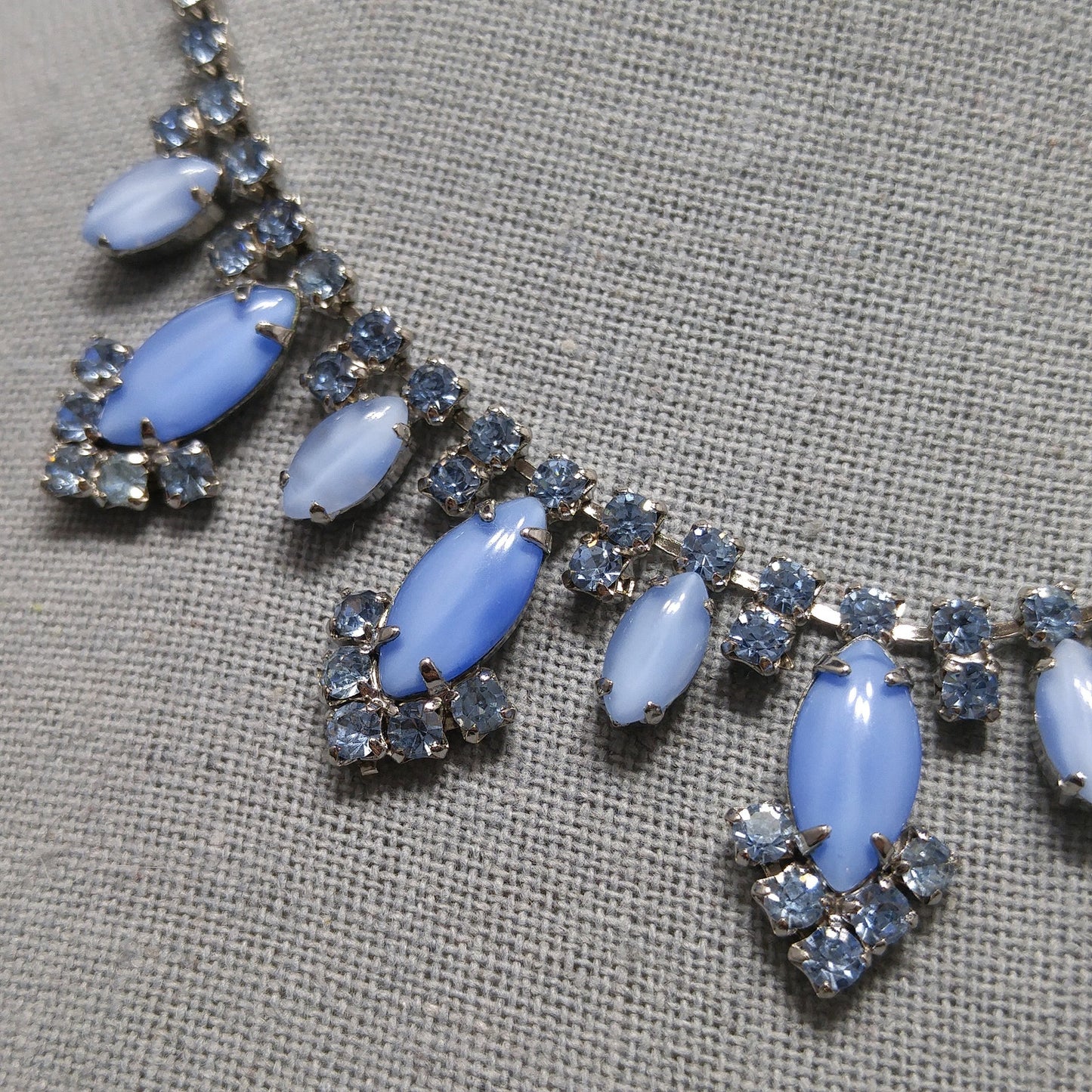Blue Art Glass Rhinestone Necklace, Rhodium Plated, 1960s Vintage Jewelry