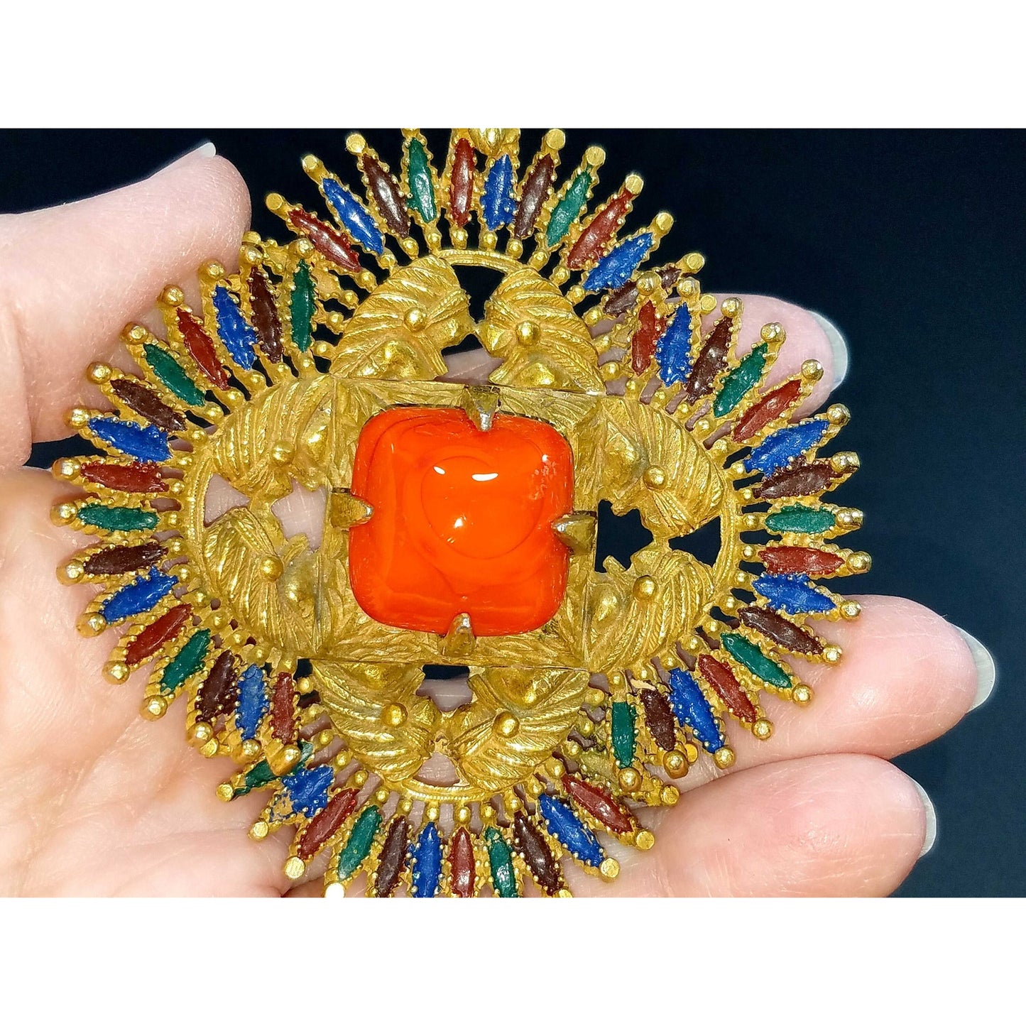 Vintage Castlecliff Pendant Orange Art Glass Gold Enamel Large Statement Jewelry