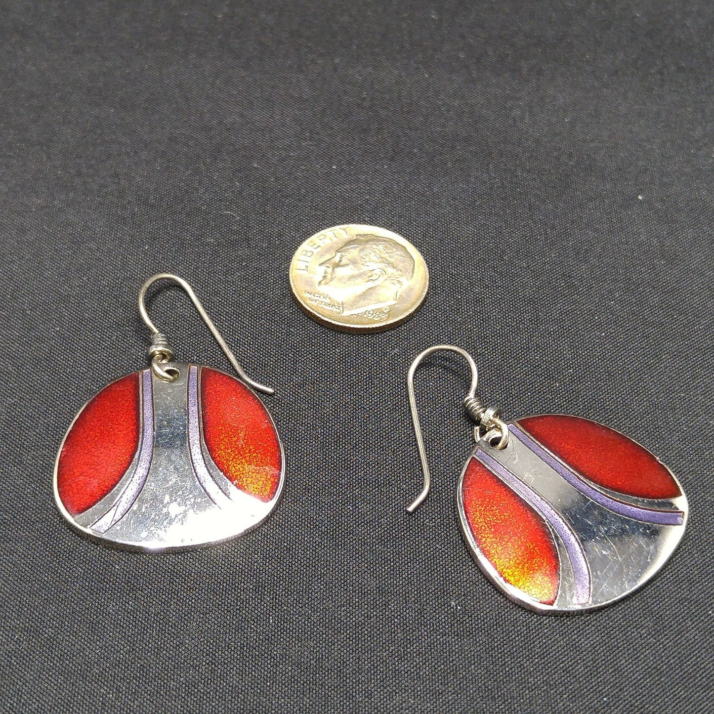 Vintage Laurel Burch Red Metallic Purple Silver Earrings, Rhodium Plated