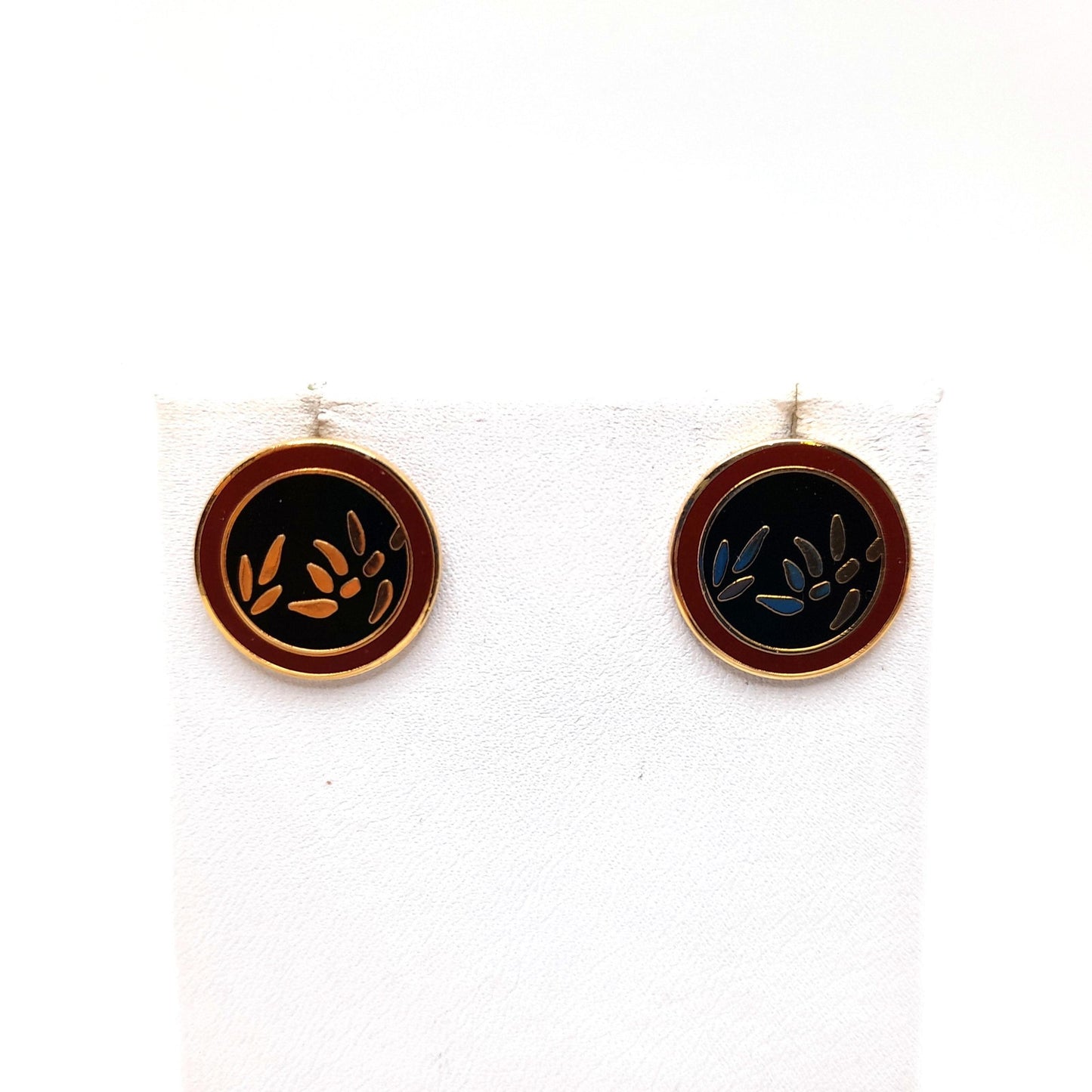Vintage Laurel Burch Bamboo Post Earrings, Gold Plated, Black Brown Enamel, 1980