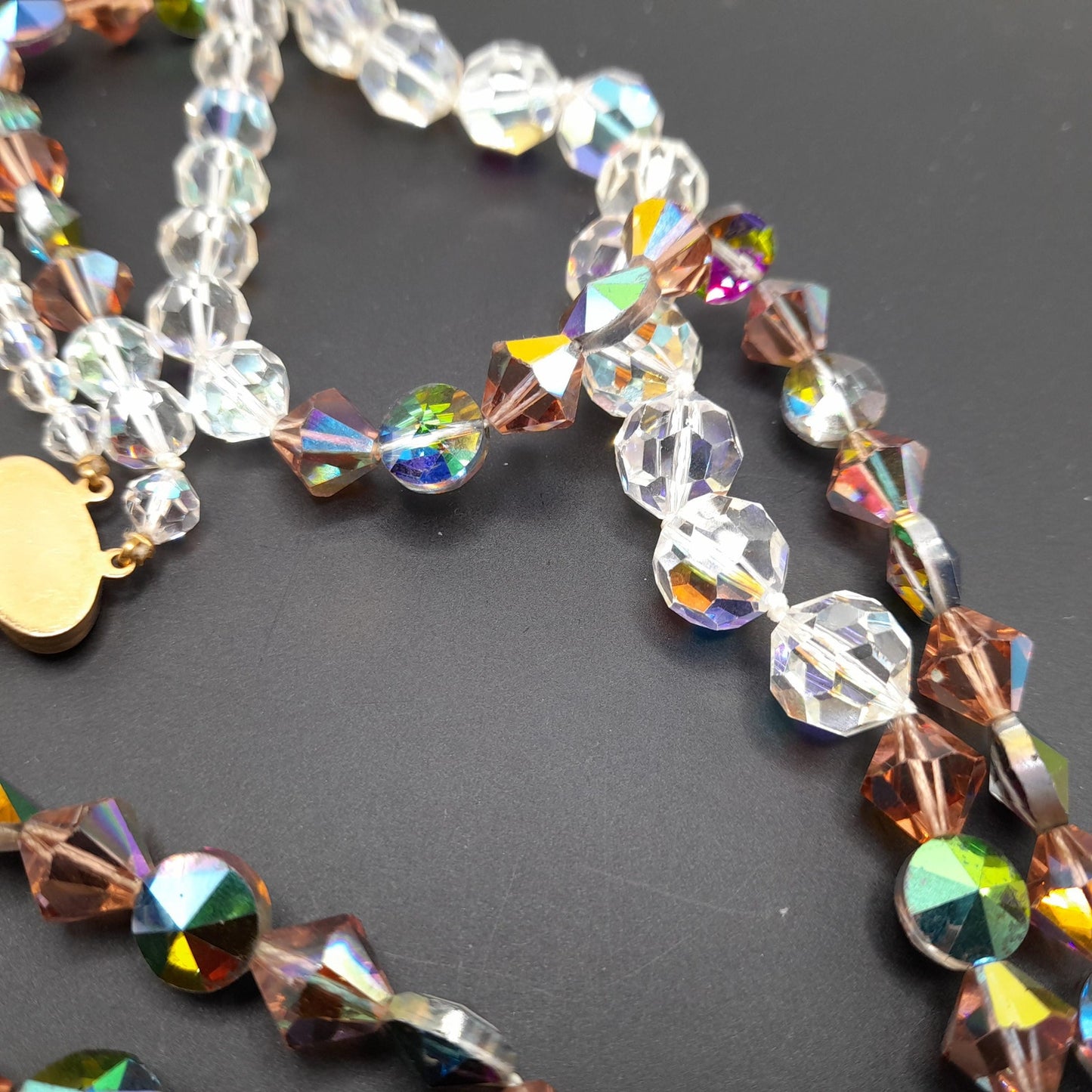 Vintage Crystal Bead Long Necklace, Asymmetrical Clear AB Topaz Crystals, 26"