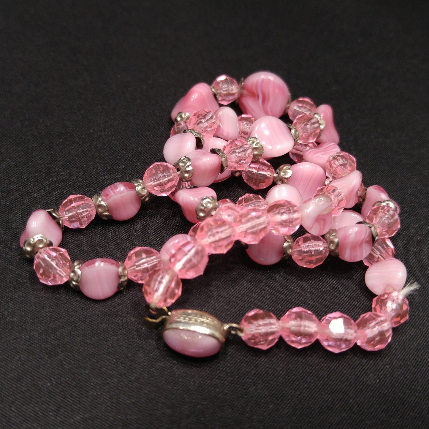 Czech Glass & Thermoset Beaded Necklace, Pink Art Glass Beads, 1940s Vintage Jewelry