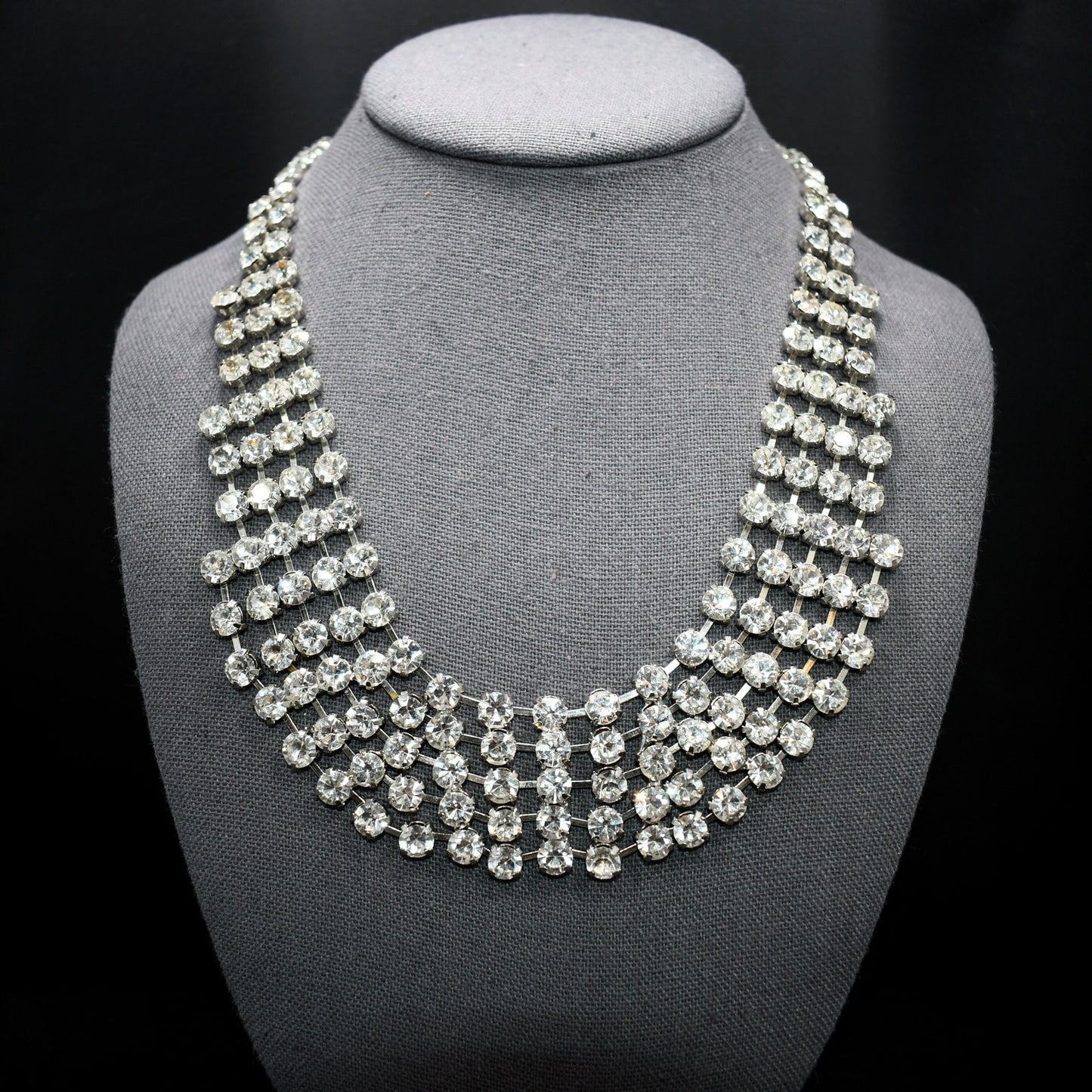 Vintage Clear Rhinestone Frontal Necklace, Rhodium Plating, 18 1/2 Inches, 1980s Vintage Jewelry