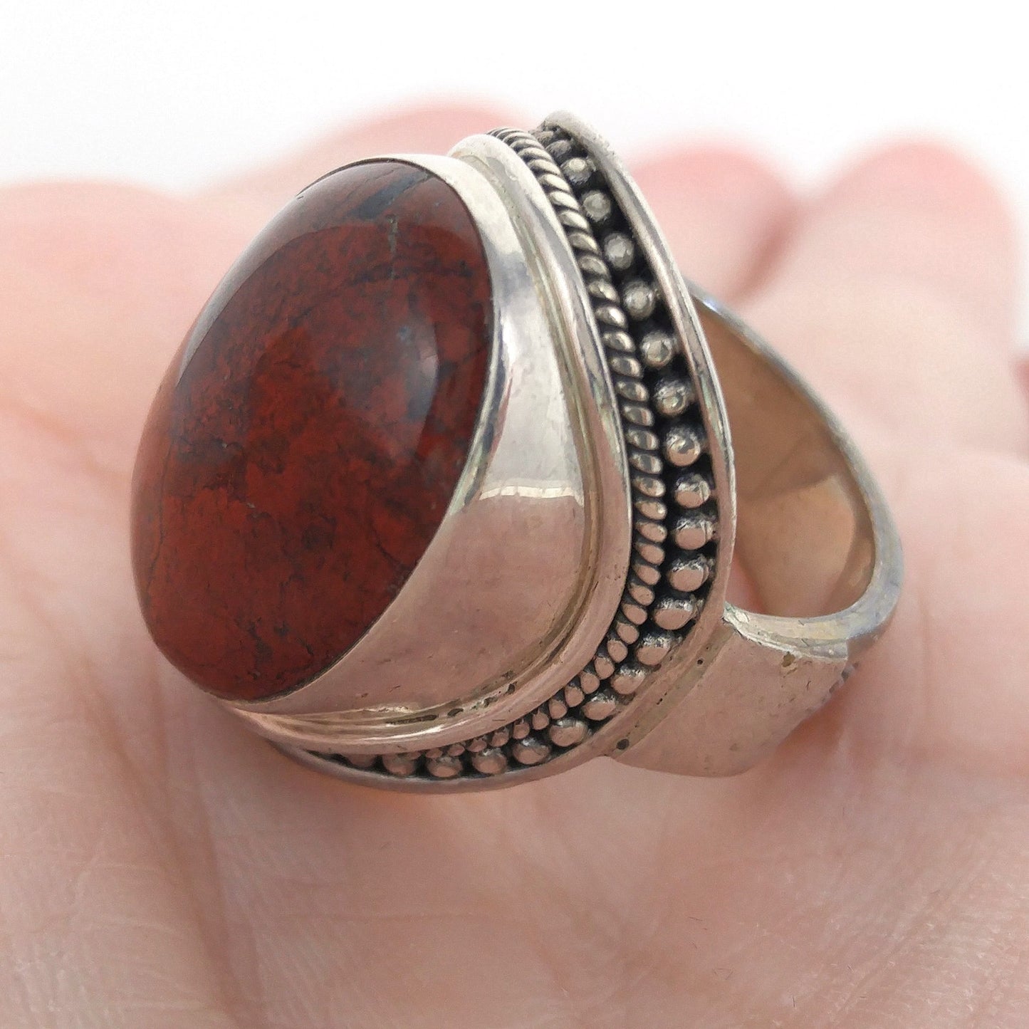 Meran Indonesia Sterling Silver Ring, Large Red Gemstone, Vintage Size 7, 925
