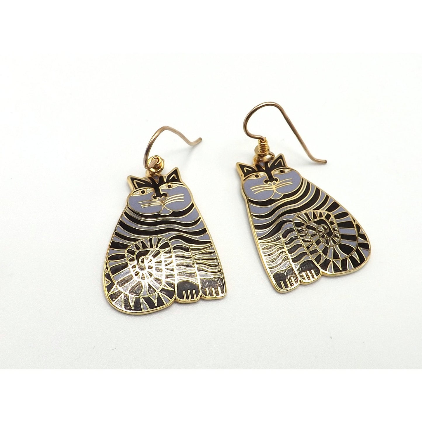 Laurel Burch Shambala Cat Earrings, Black Lavender Enamel, Gold Plated, 1980s Vintage Jewelry