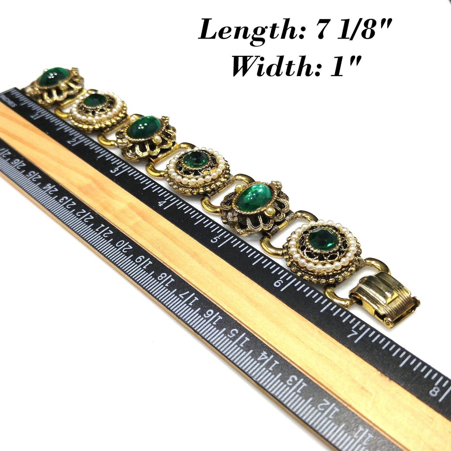 Emerald Green Rhinestones Book Chain Bracelet, Faux Pearls, 1940s 1950s Vintage Jewelry
