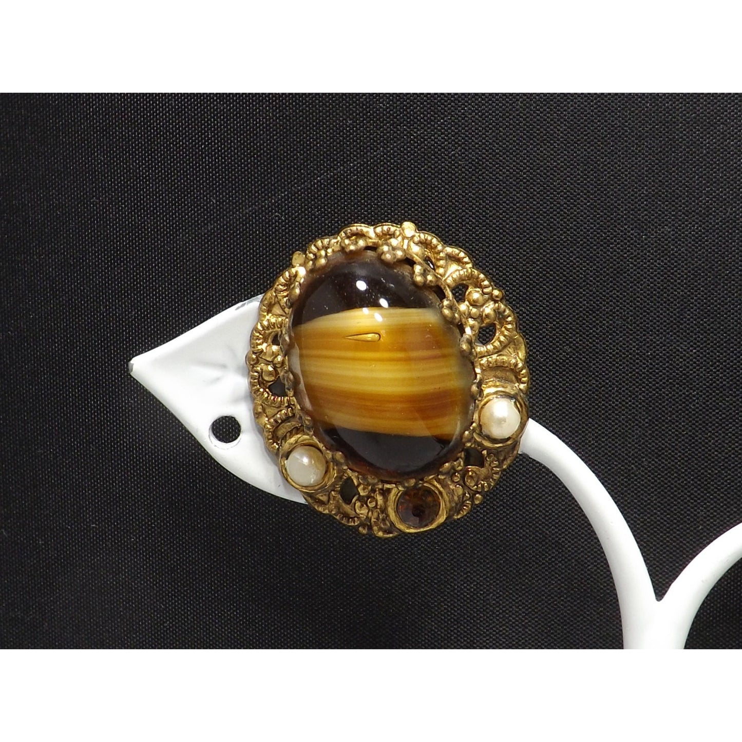 West Germany Art Glass Clip Earrings, Filigree Background, 1950s Vintage Jewelry