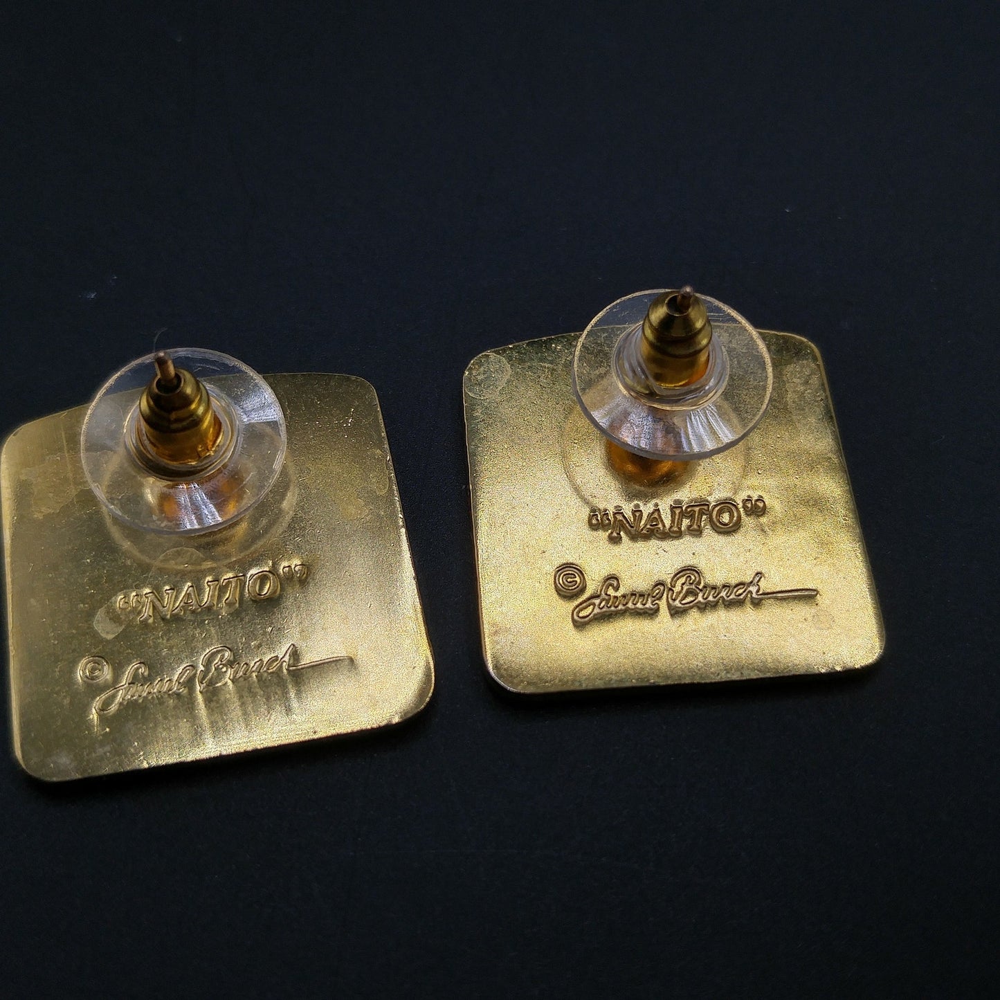 Vintage Laurel Burch "Naito" Geometric Post Earrings, Cream Enamel, Gold Plate