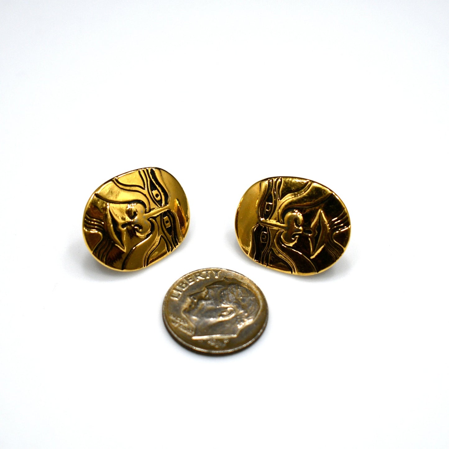Laurel Burch Eiko Post Earrings, Gold Plated, Japanese Mask, 1980s Vintage