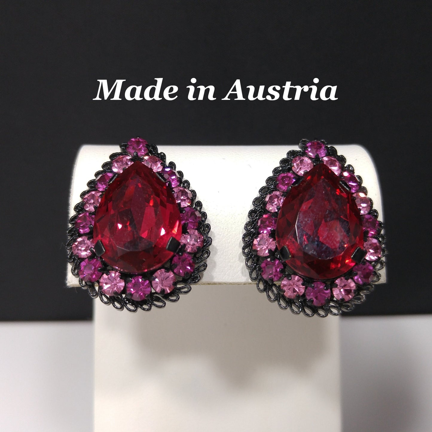 Made in Austria Red Pink Rhinestone Earrings, Japanned Black Metal, 1960s Vintage