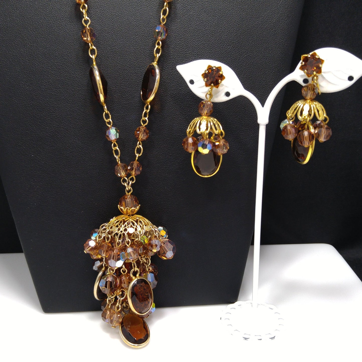 Filigree Chandelier Pendant Necklace & Earrings, Topaz Crystal Beads, 1970s Vintage Jewelry