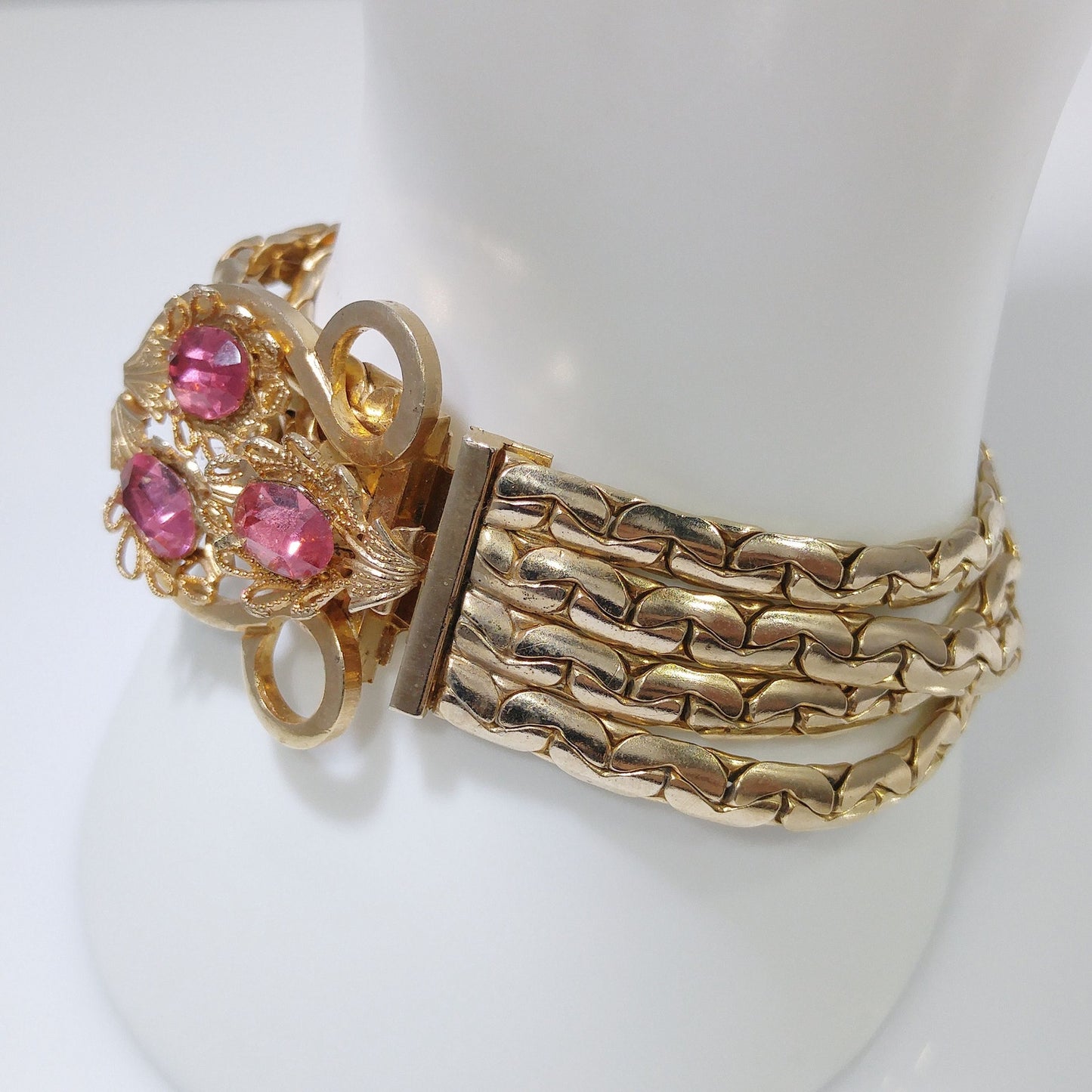 Pink Rhinestone Curb Chain Bracelet, Gold Plated, 1960s Vintage Jewelry