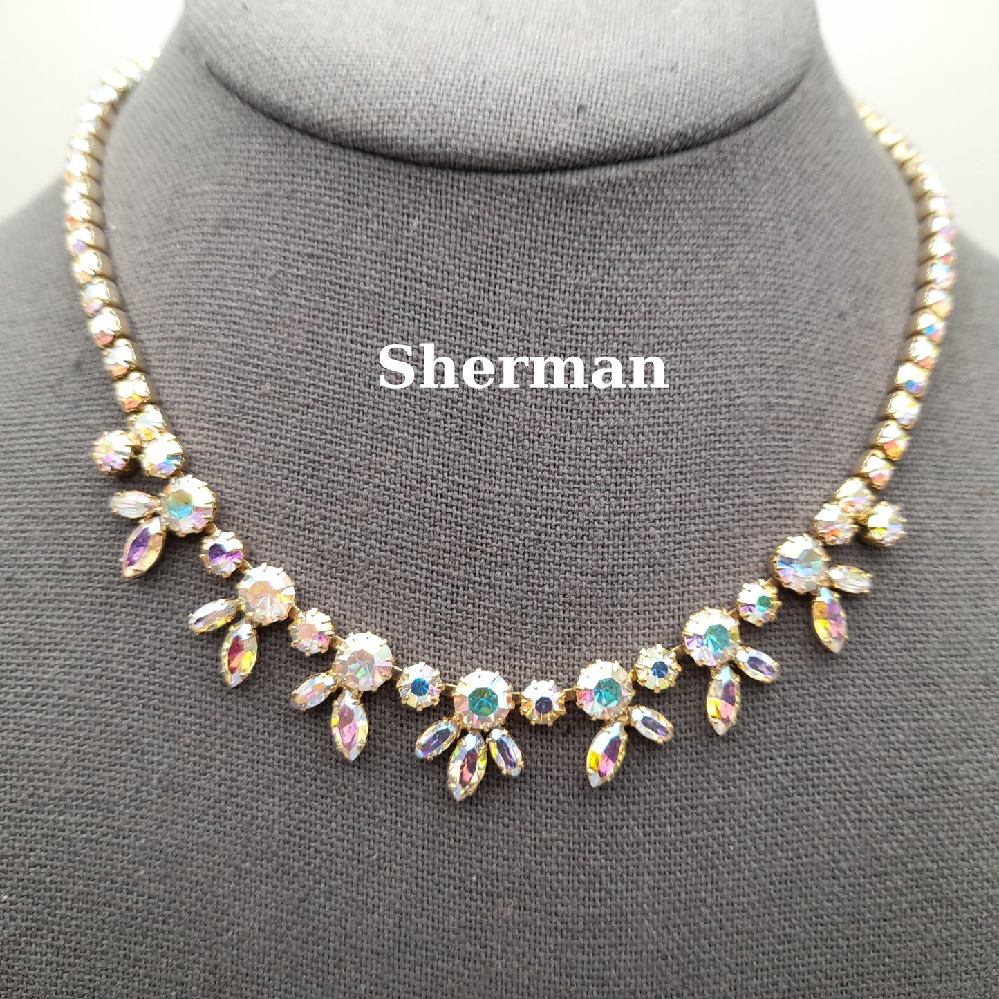 Vintage Sherman Aurora Borealis Rhinestone Gold Plated Choker Necklace, 1960s