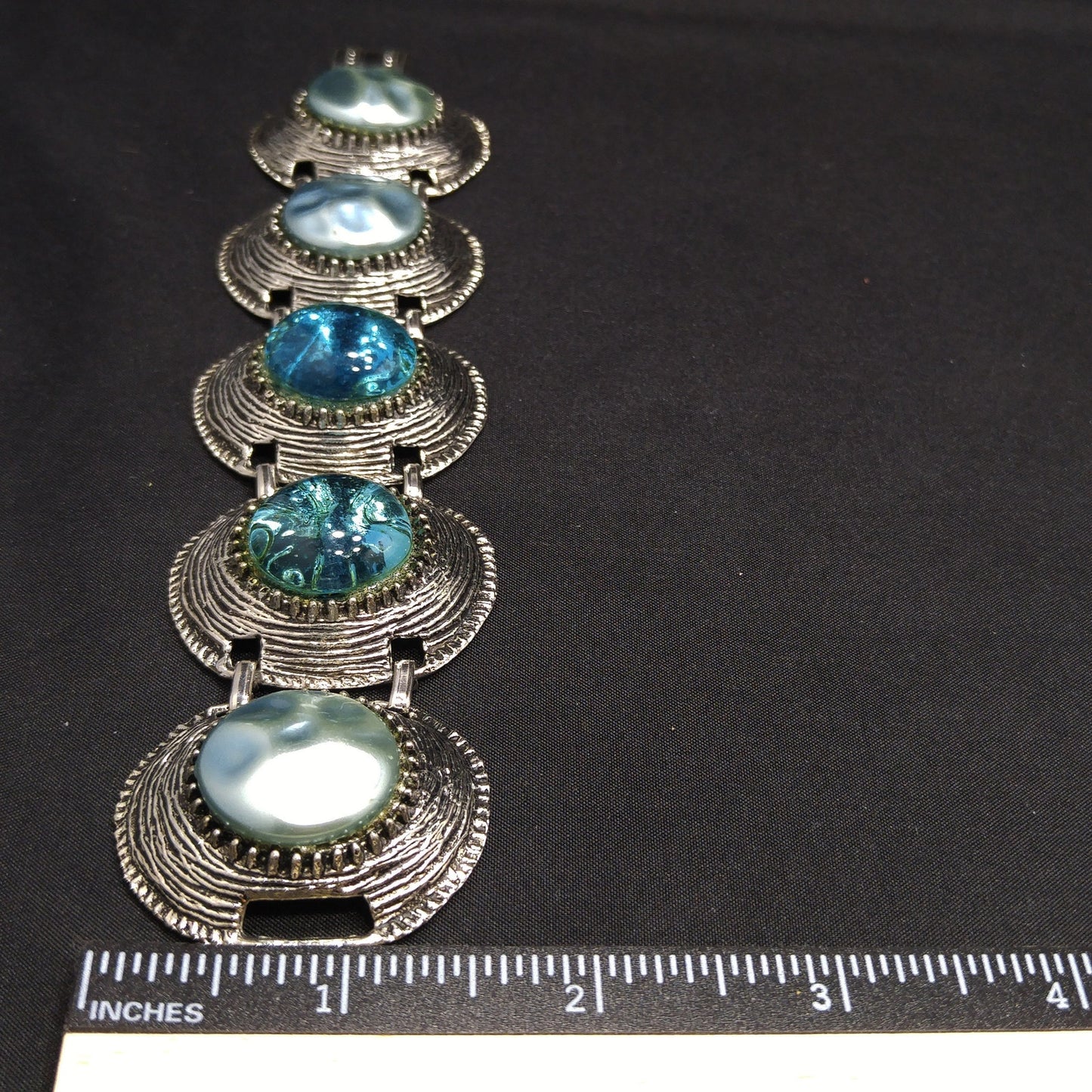 Mid-century Silver Tone Five Link Bracelet, Gold Plated, Blue Lucite Pearled & Clear