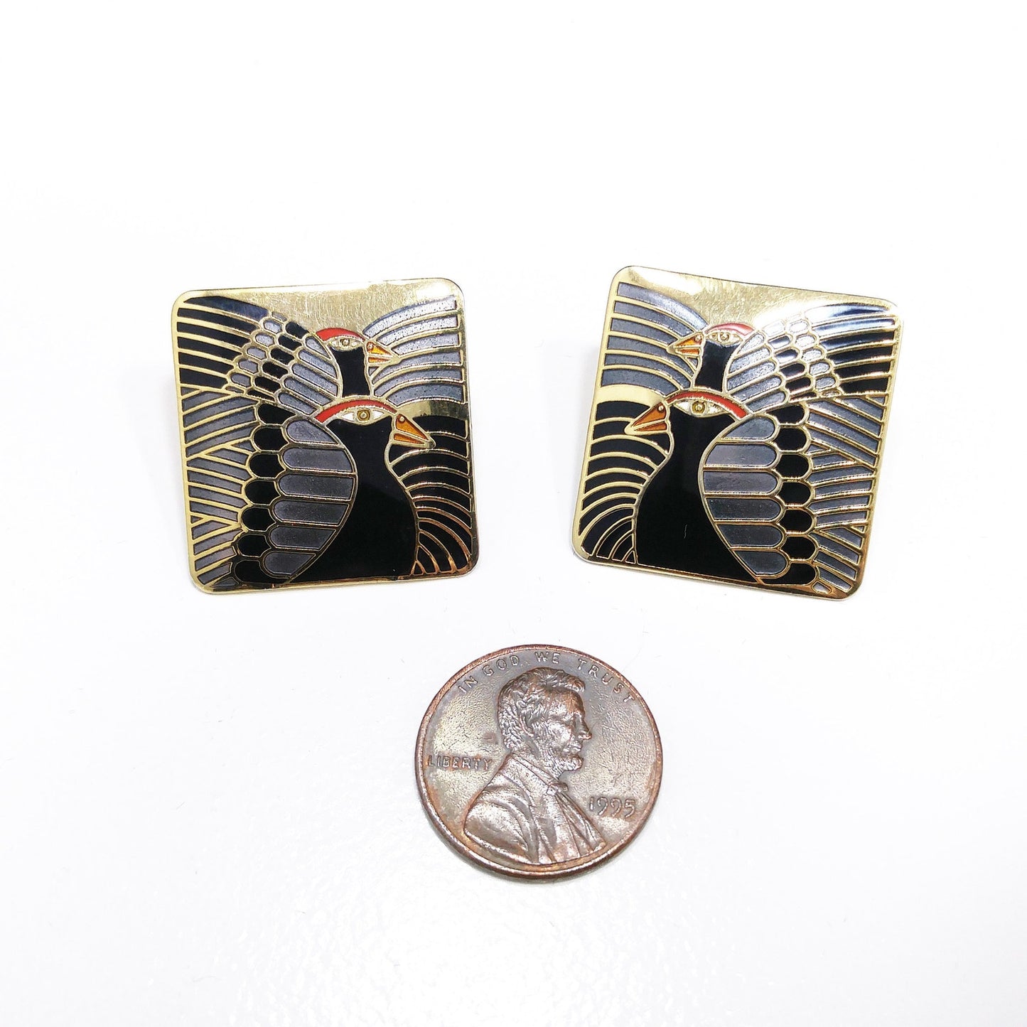 Laurel Burch "Moondoves" Post Earrings, Black Birds, Gold Plated, 1980s