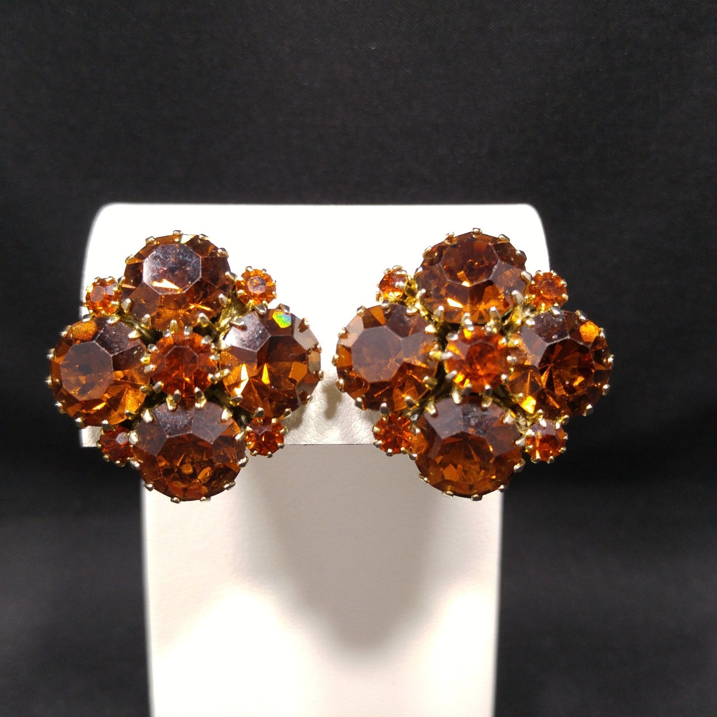 Weiss Topaz Rootbeer Rhinestone Clip Earrings, Gold Plated, Floral Design, 1960s Vintage
