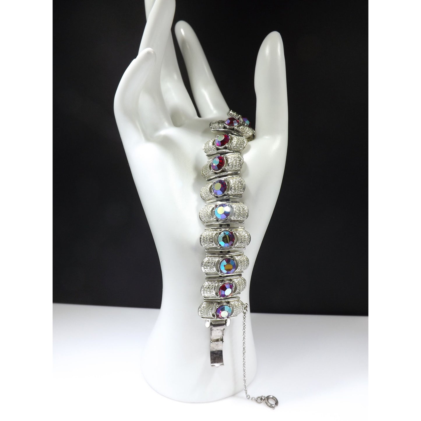 Coro Pegasus Red Aurora Borealis Rhinestone Bracelet, Rhodium Plated, 1950s Vintage Jewelry
