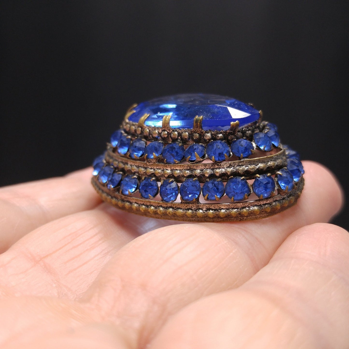 Czech Blue Glass & Rhinestone Dress Clip, 1940 Vintage Jewelry