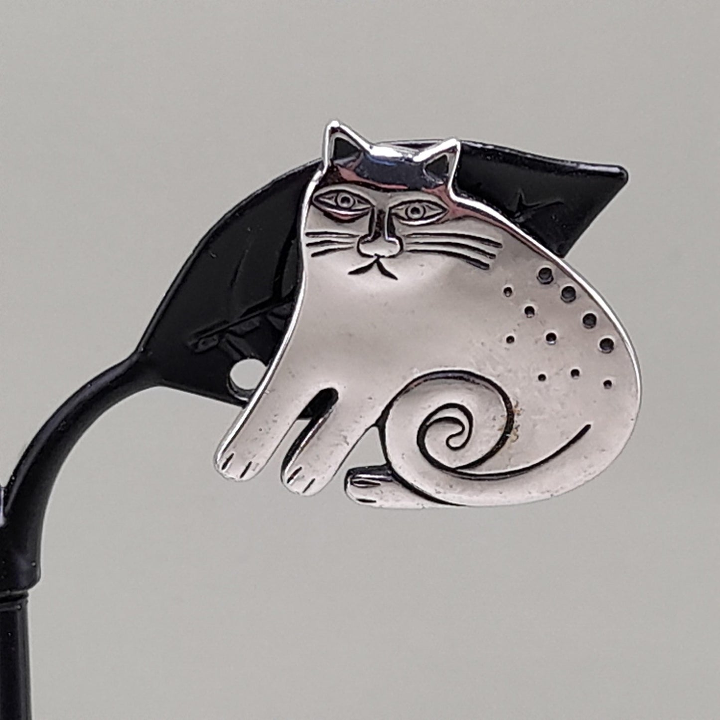 Vintage Laurel Burch Keshire Cat Clip Earrings, Rhodium Plated
