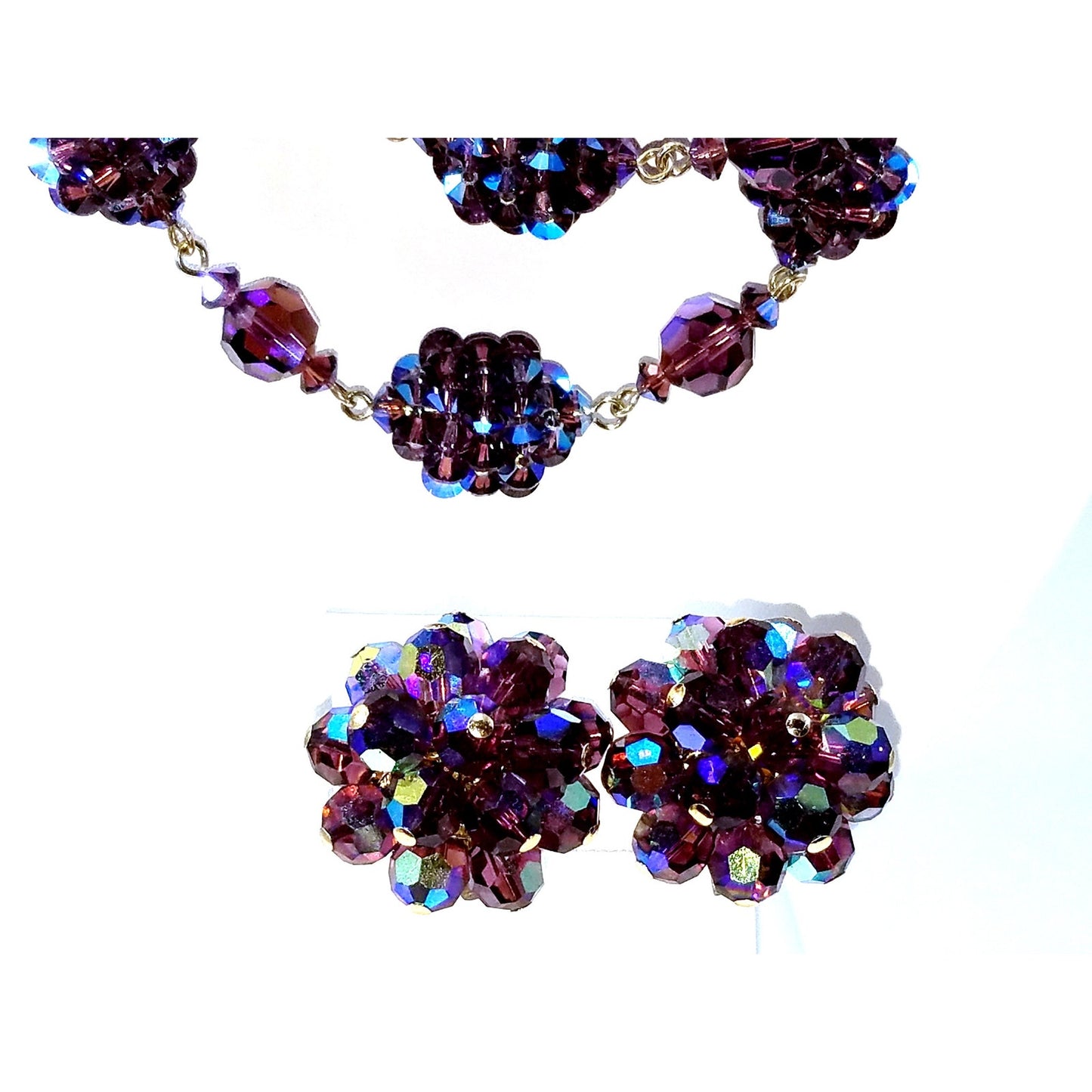 Vintage French Purple Crystal Cluster Necklace Clip Earrings Set, Made in France, 1950s