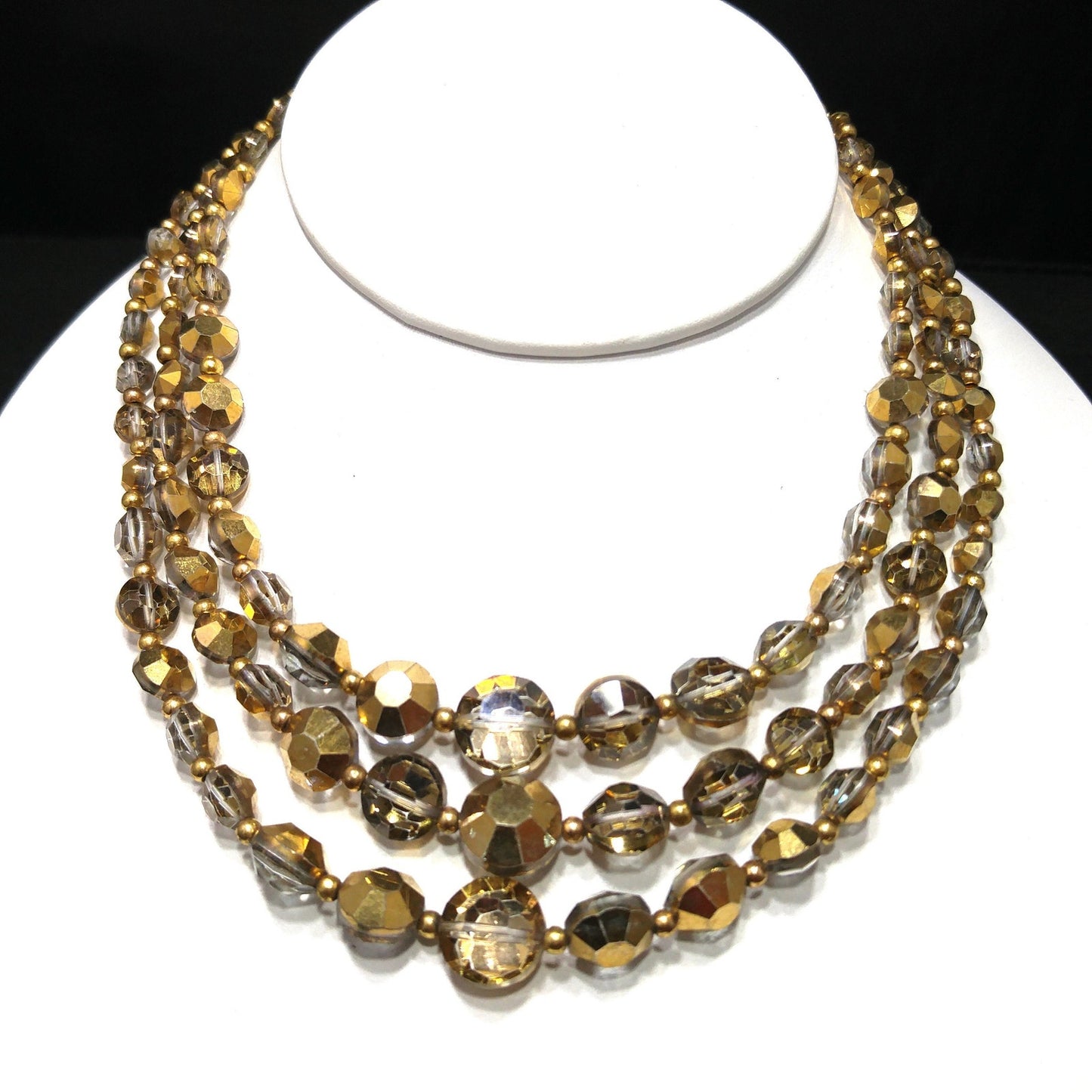Mid-Century Gold Aspirin Crystal Bead Necklace, Three Strands, 1960s Vintage Jewelry