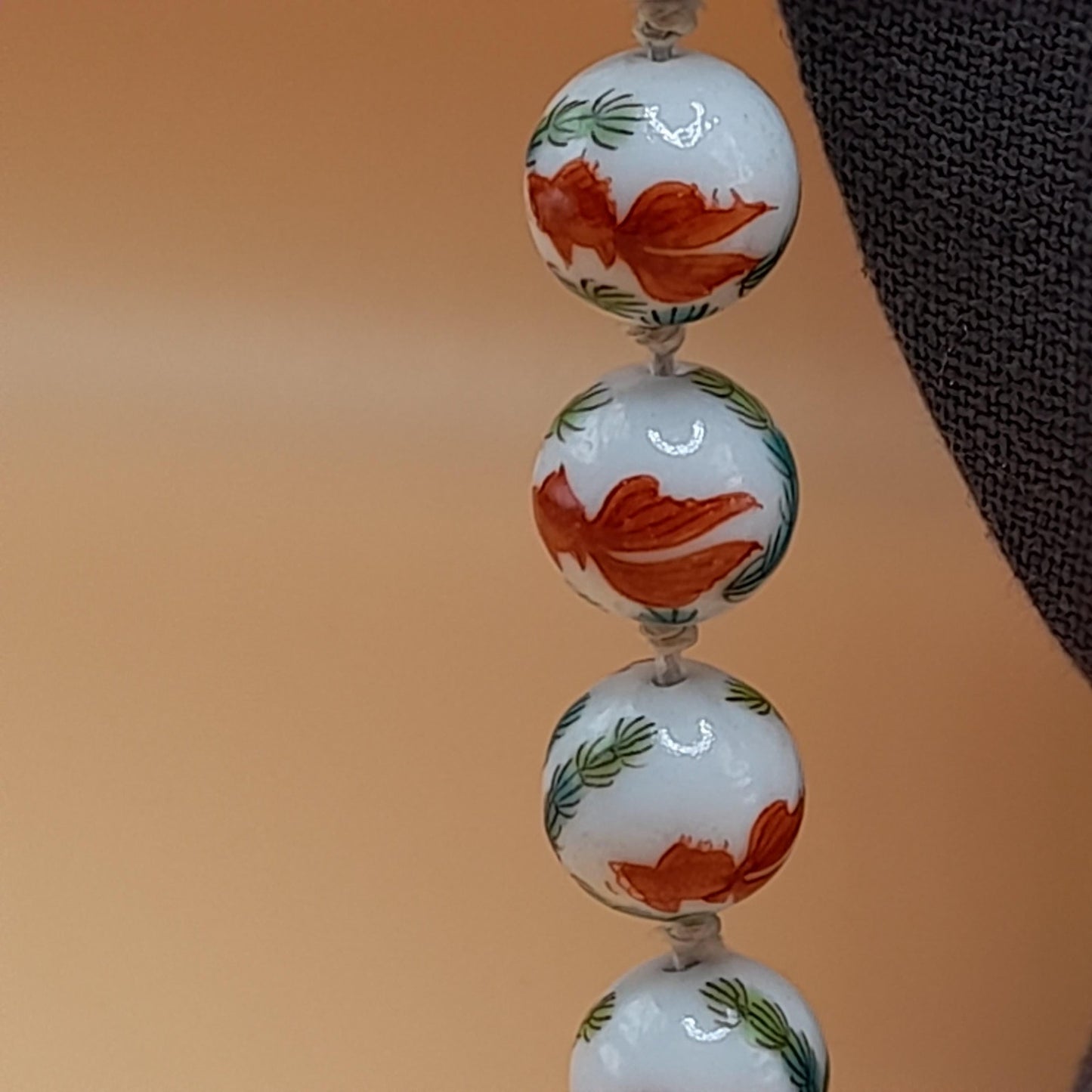 Hand Painted Koi Fish Bead Necklace, Ceramic Hand Knotted Vintage