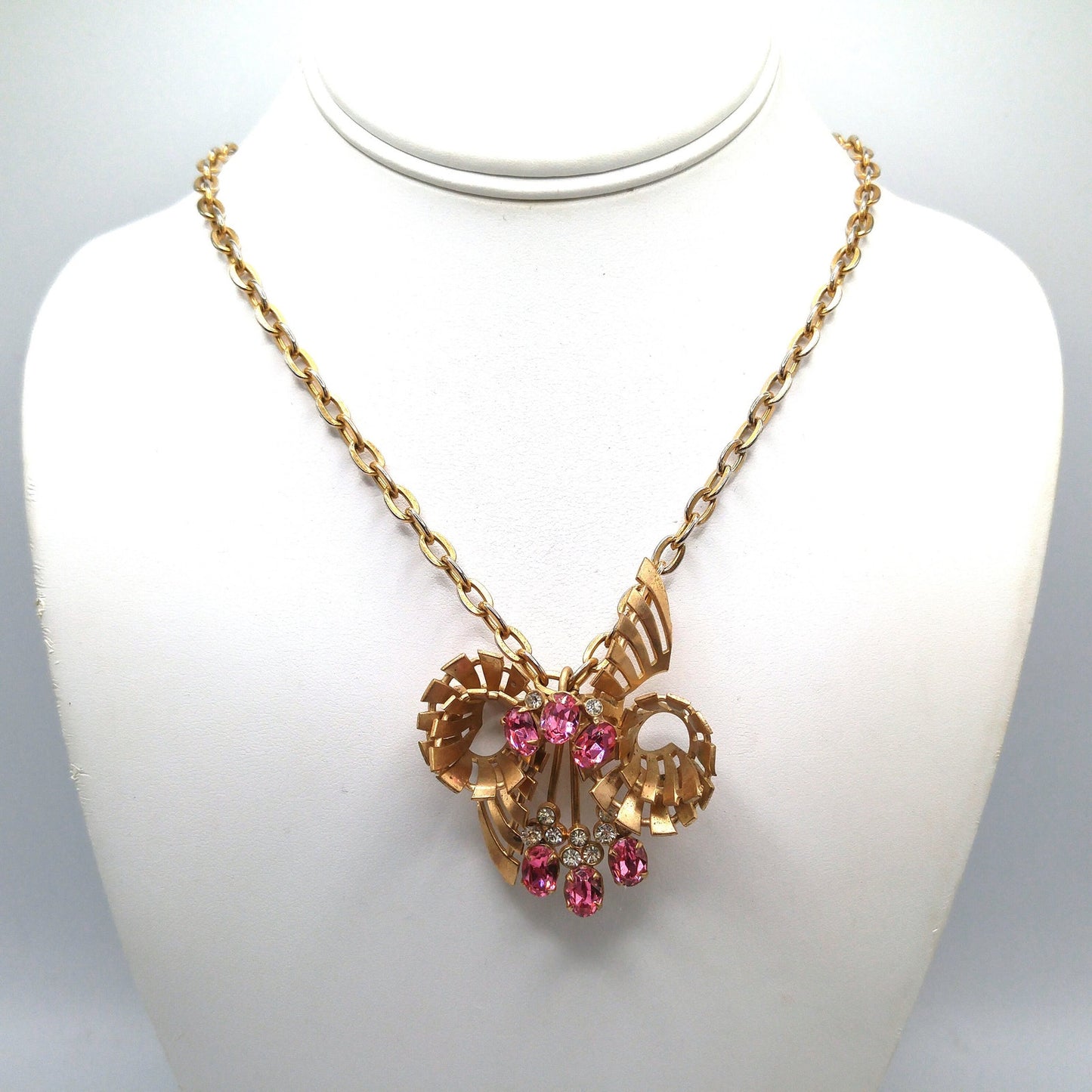 Pink Rhinestone Brooch Pendant Necklace, Gold Plated Pendant Brooch Combo, 1940s Vintage Jewelry