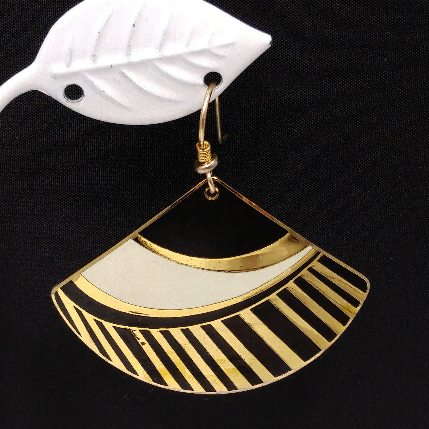 Laurel Burch Geometric Fan Earrings, Black White & Gold, 1980s Vintage Jewelry