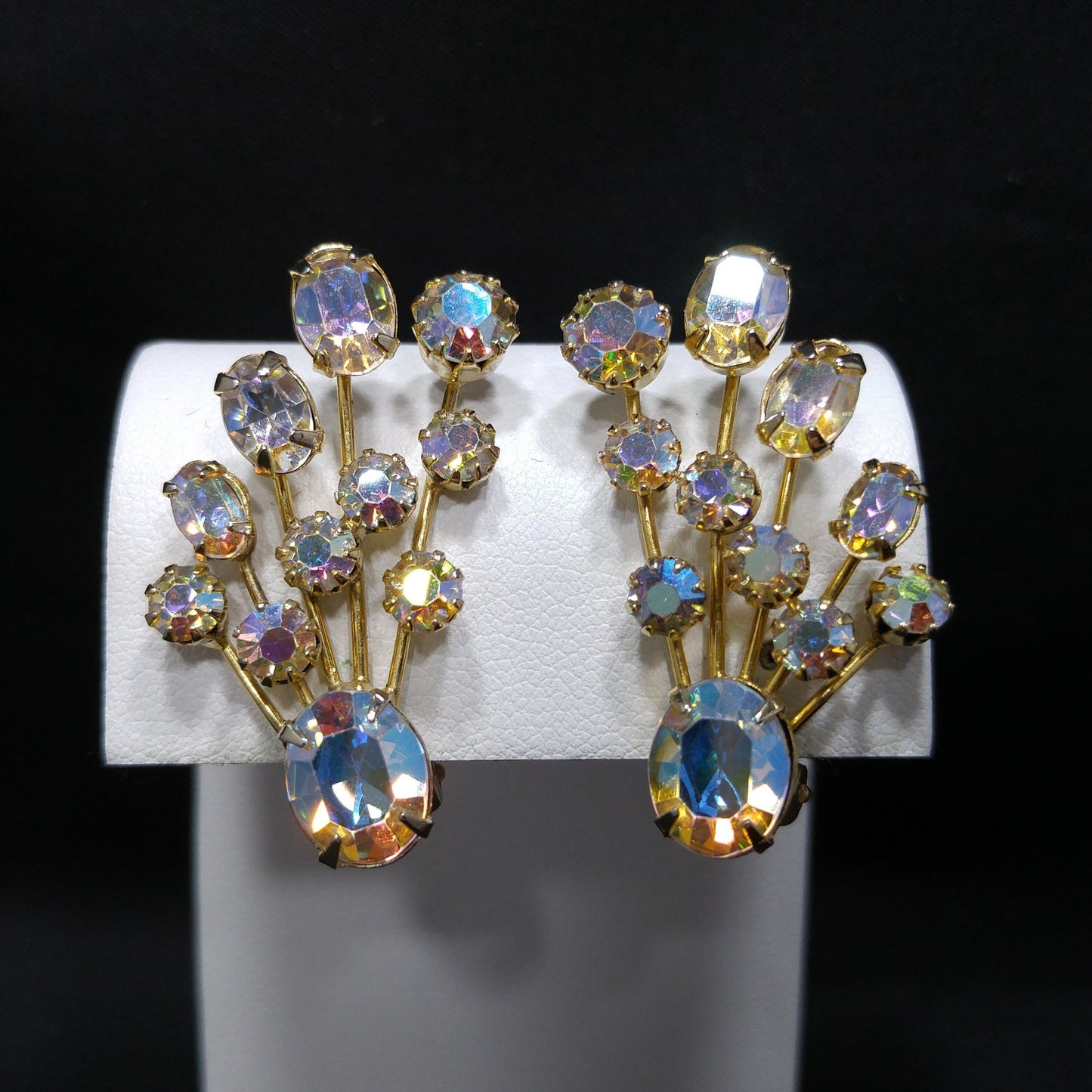 Weiss Aurora Borealis Ear Climber Earrings, Gold Plated, 1950s Vintage Jewelry