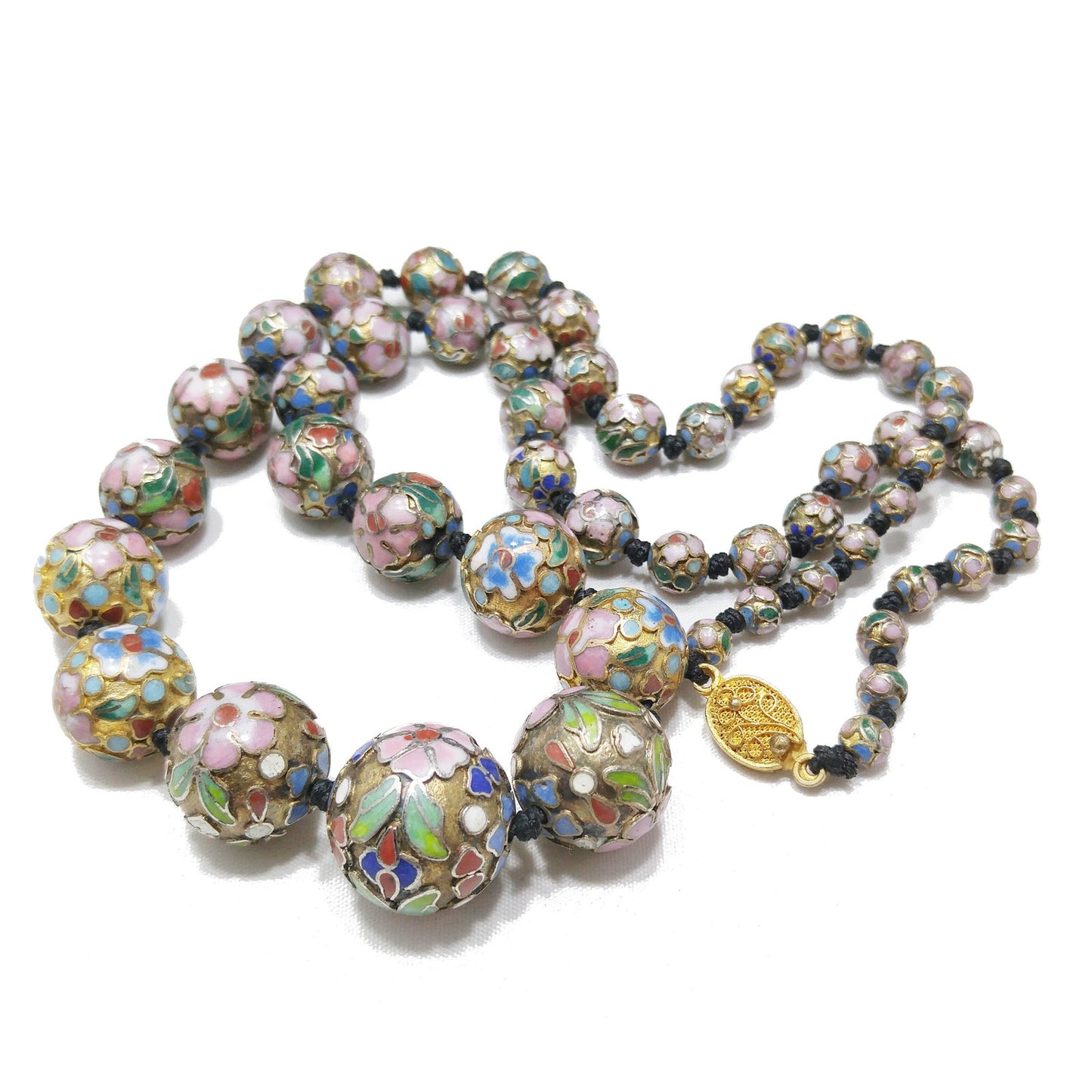 Vintage Cloisonne Beaded Necklace, Hand Knotted, Hand Painted Floral Beads, 1960