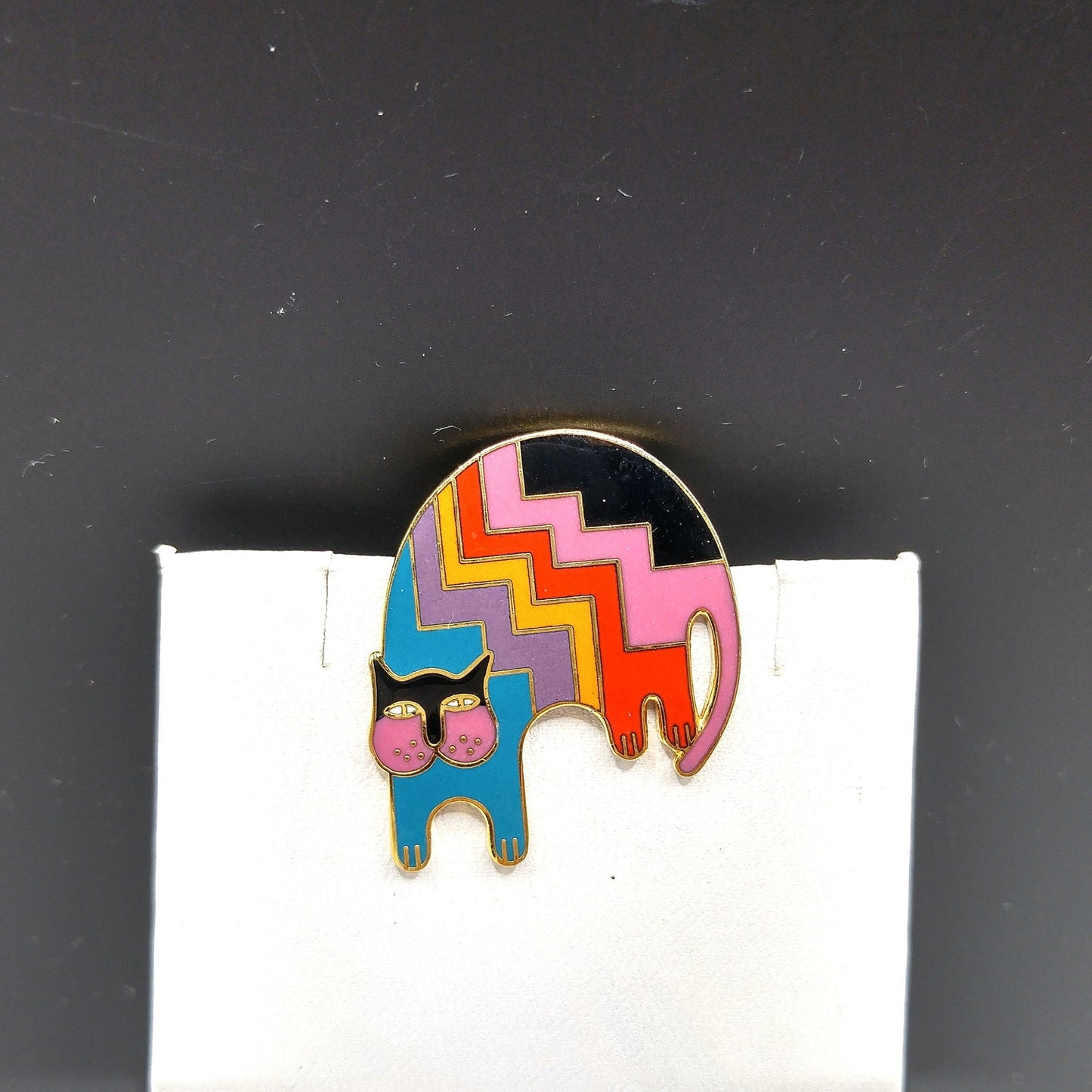 Laurel Burch "Aztec Cat" Brooch, Gold Plated, Rainbow Enamel, 1980s Vintage Jewelry