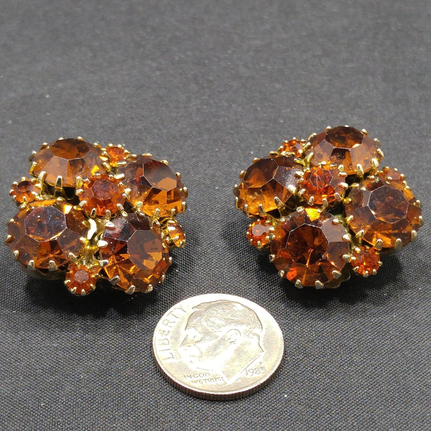 Weiss Topaz Rootbeer Rhinestone Clip Earrings, Gold Plated, Floral Design, 1960s Vintage