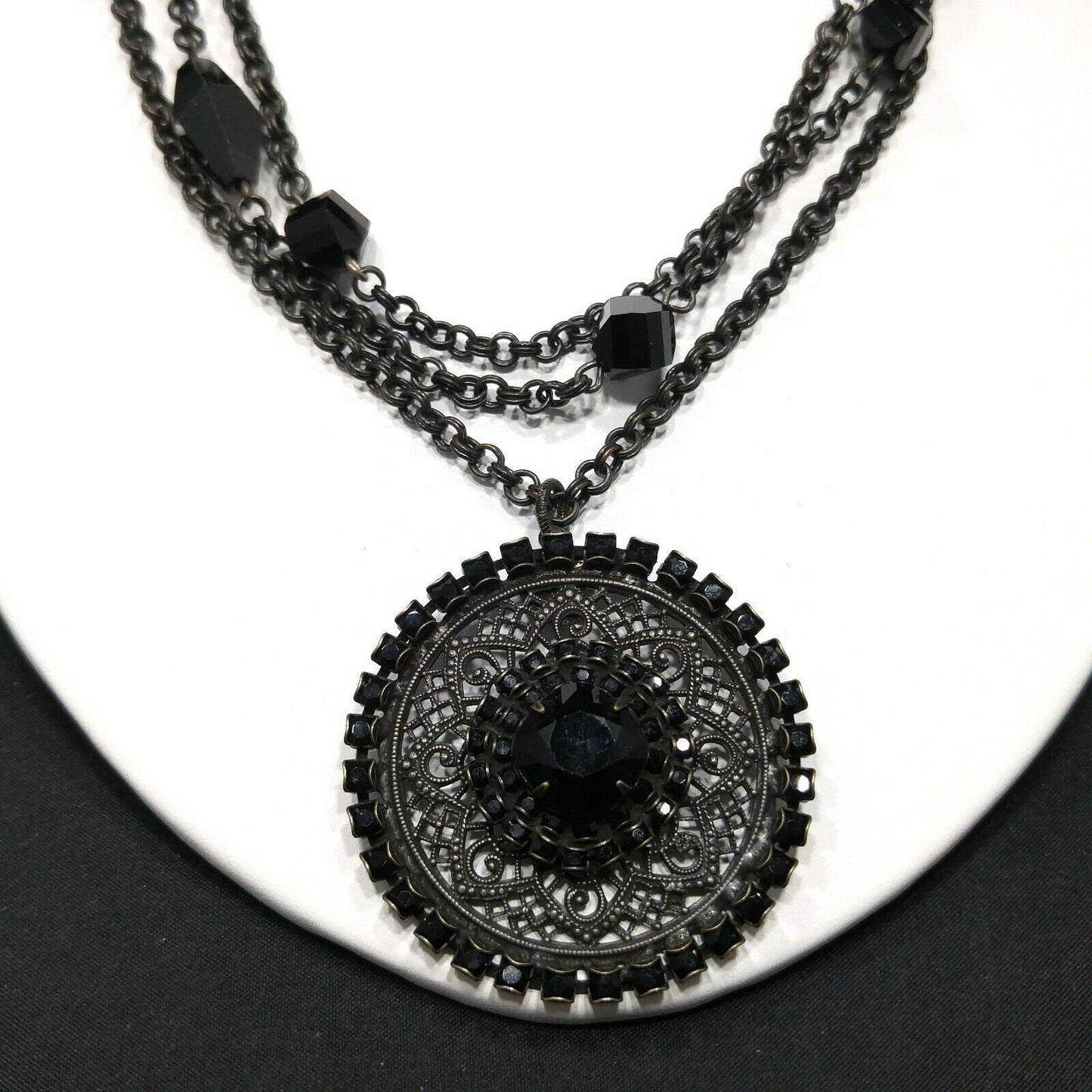 Liz Palacios Black Rhinestone Pendant Necklace, Multi-Strand, Vintage Jewelry