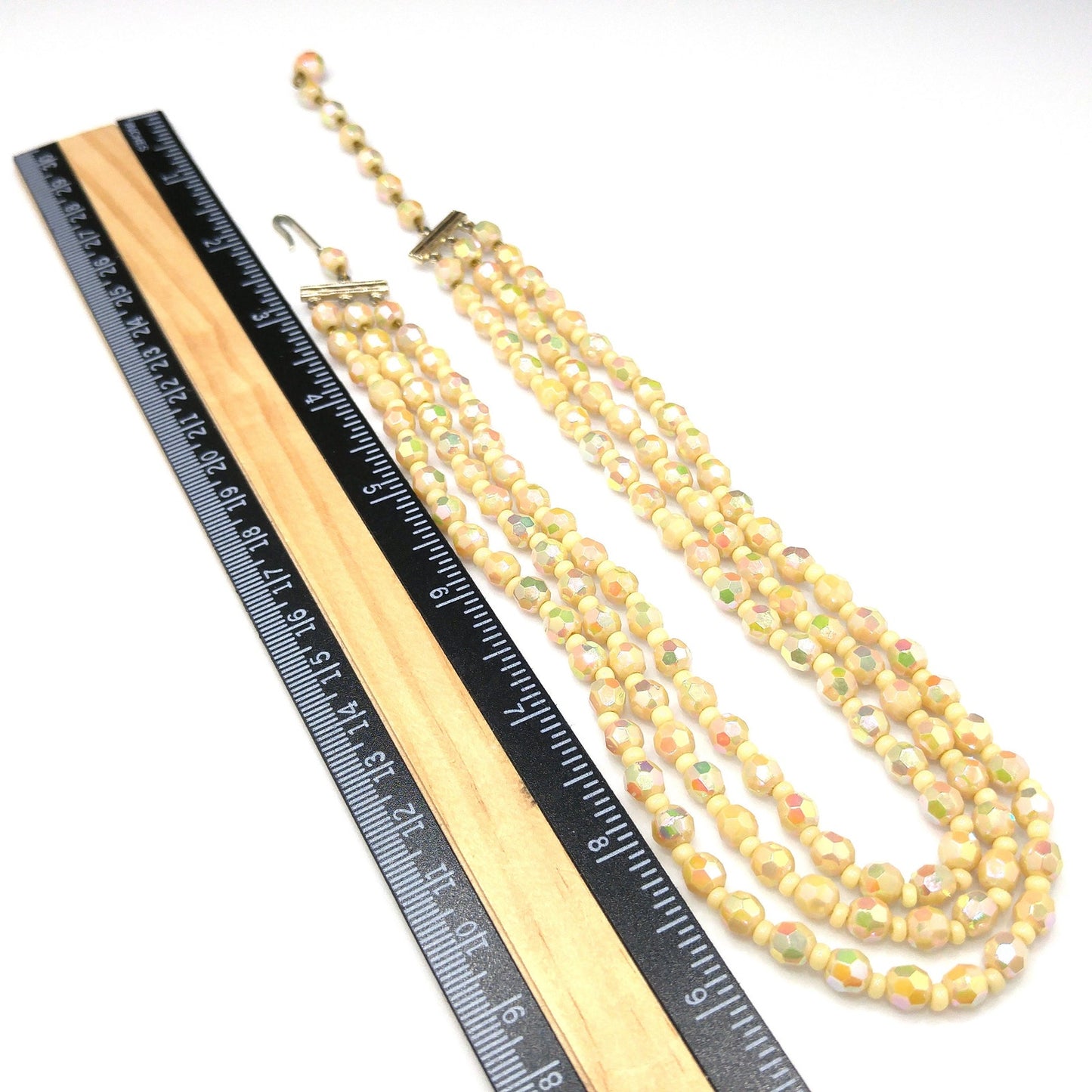 West Germany Fire Polished Beige Beaded Necklace, Three Strands, 1950s Vintage Jewelry