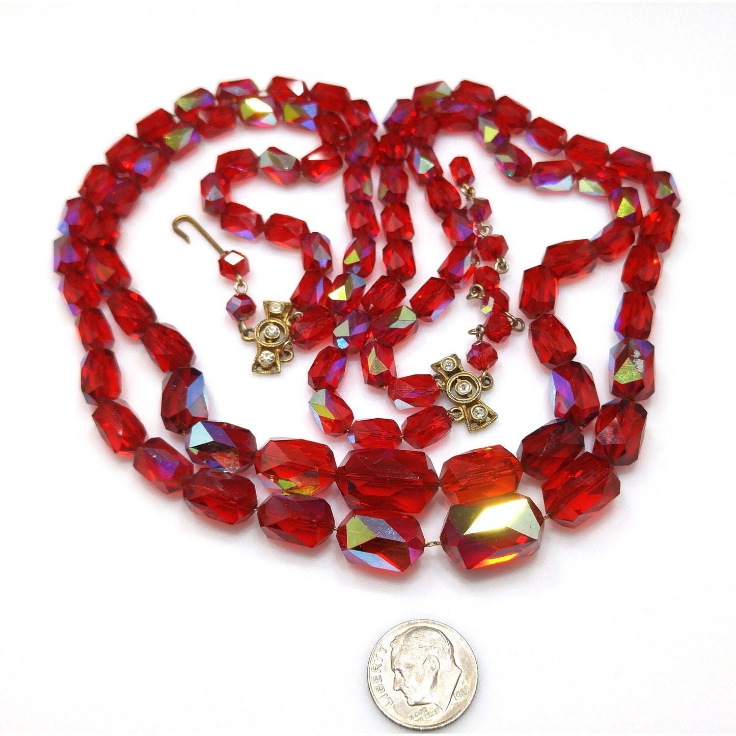 Red Aurora Borealis Graduated Beaded Two Strand Necklace on Chain, 1970s Vintage Jewelry